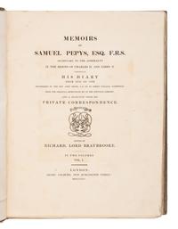 Pepys, Samuel (1633-1703). Memoirs of Samuel Pepys, Esq. F.R.S... Comprising his diary from 1659 to 1669, deciphered by the Rev. John Smith... Edited by Richard, Lord Braybrooke. London: Henry Colburn, 1825.