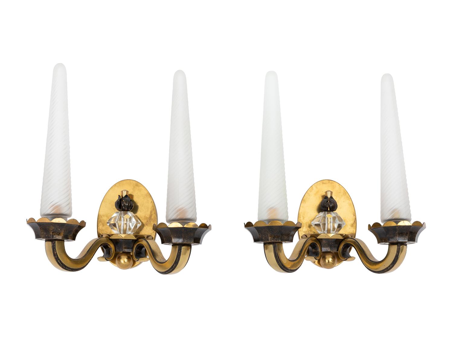 A Pair of French Art Deco Gilt Metal and Frosted Glass Two-Light Sconces