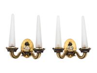 A Pair of French Art Deco Gilt Metal and Frosted Glass Two-Light Sconces