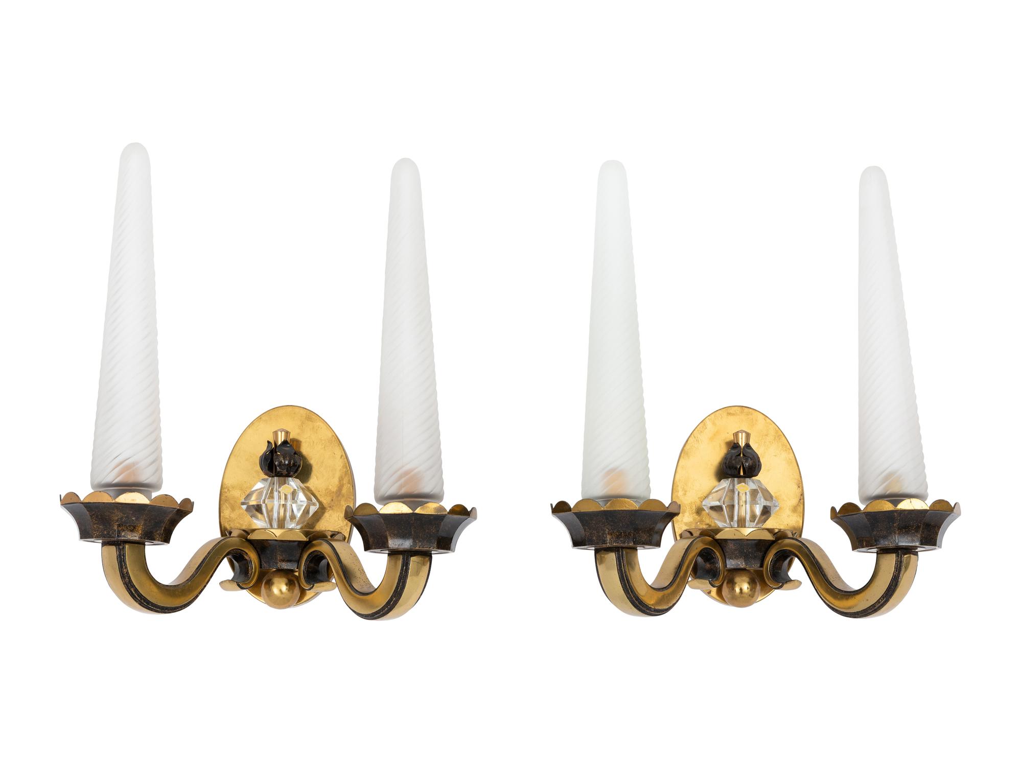 A Pair of French Art Deco Gilt Metal and Frosted Glass Two-Light Sconces