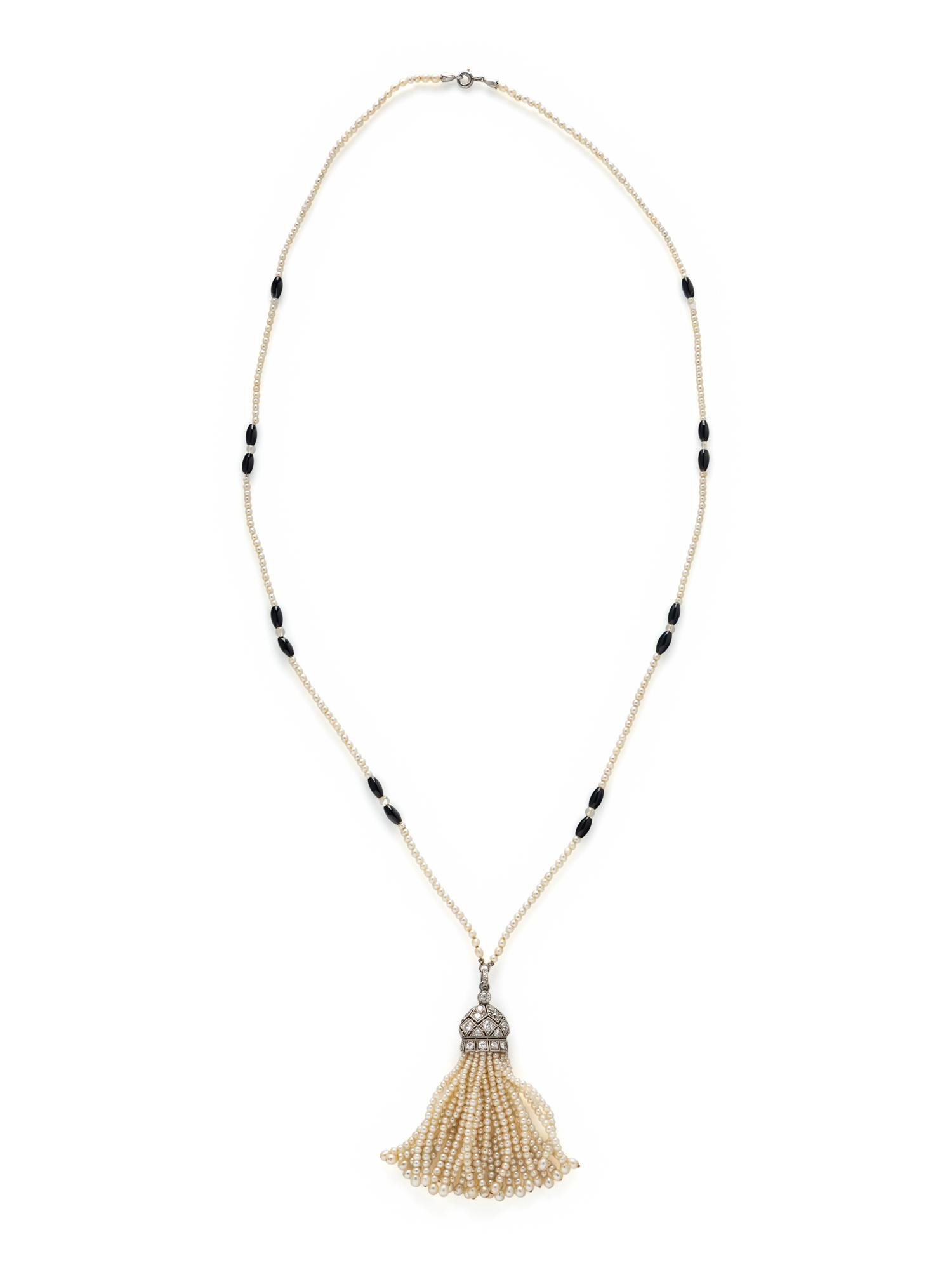 ART DECO, SEED PEARL, DIAMOND, AND ONYX TASSEL NECKLACE