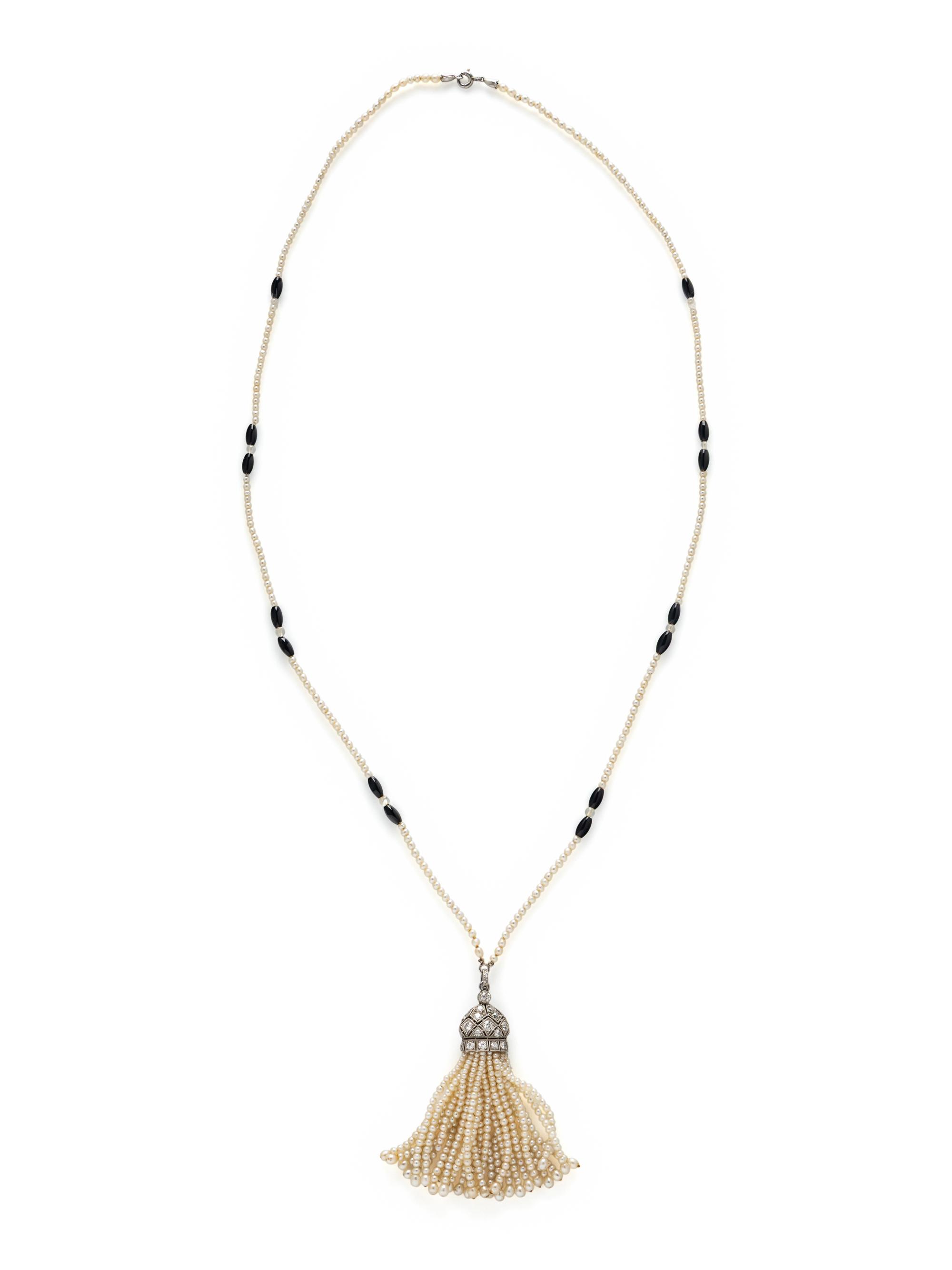 ART DECO, SEED PEARL, DIAMOND, AND ONYX TASSEL NECKLACE