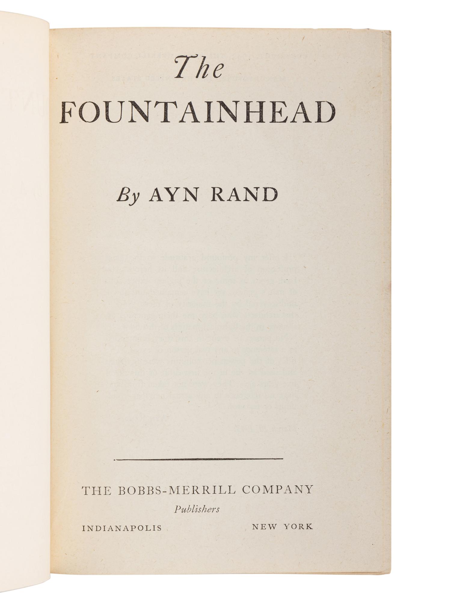 RAND, Ayn (1905-1982). The Fountainhead . Indianapolis and New York: The Bobbs-Merrill Company, 1943.