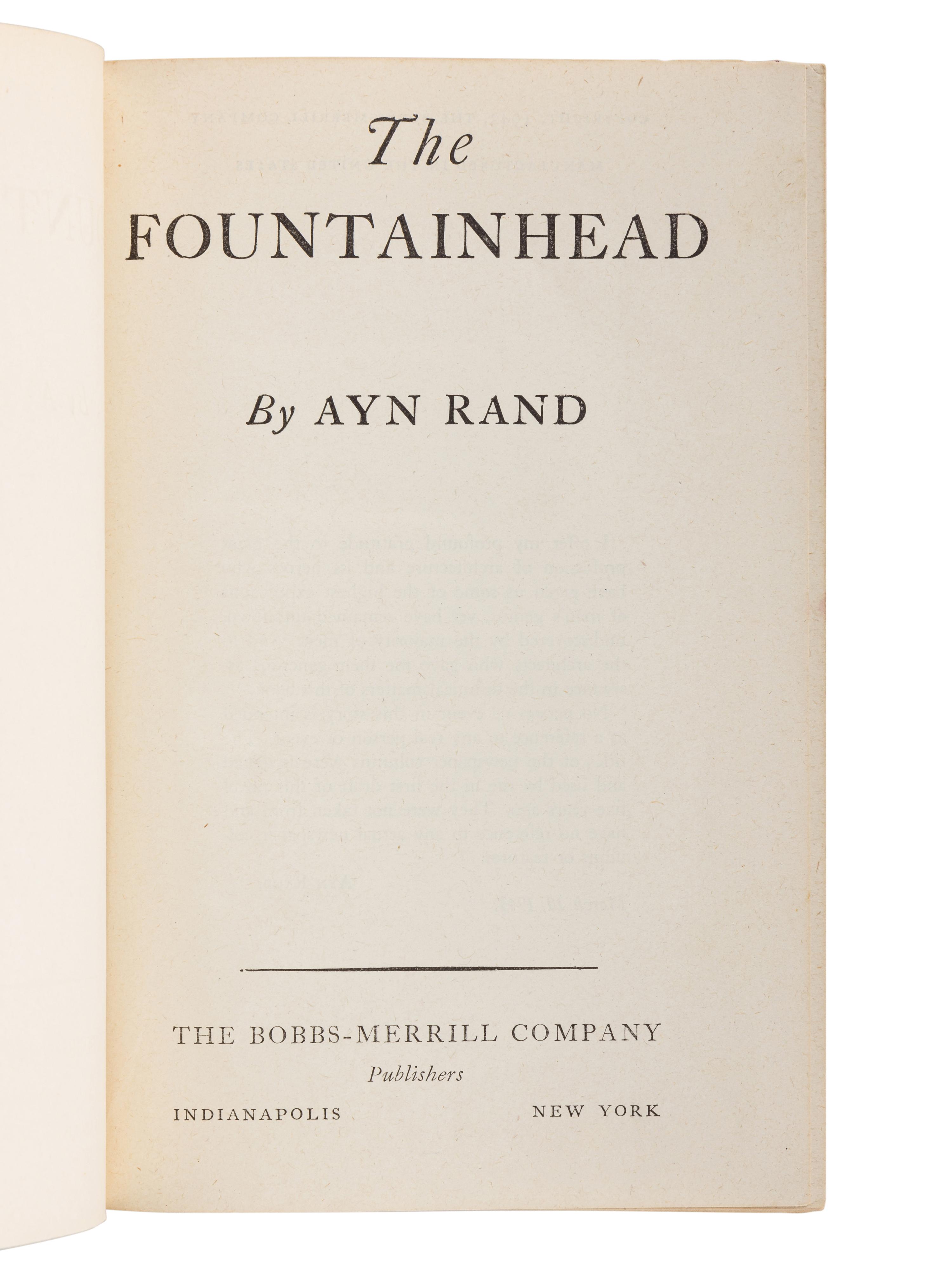 RAND, Ayn (1905-1982). The Fountainhead . Indianapolis and New York: The Bobbs-Merrill Company, 1943.