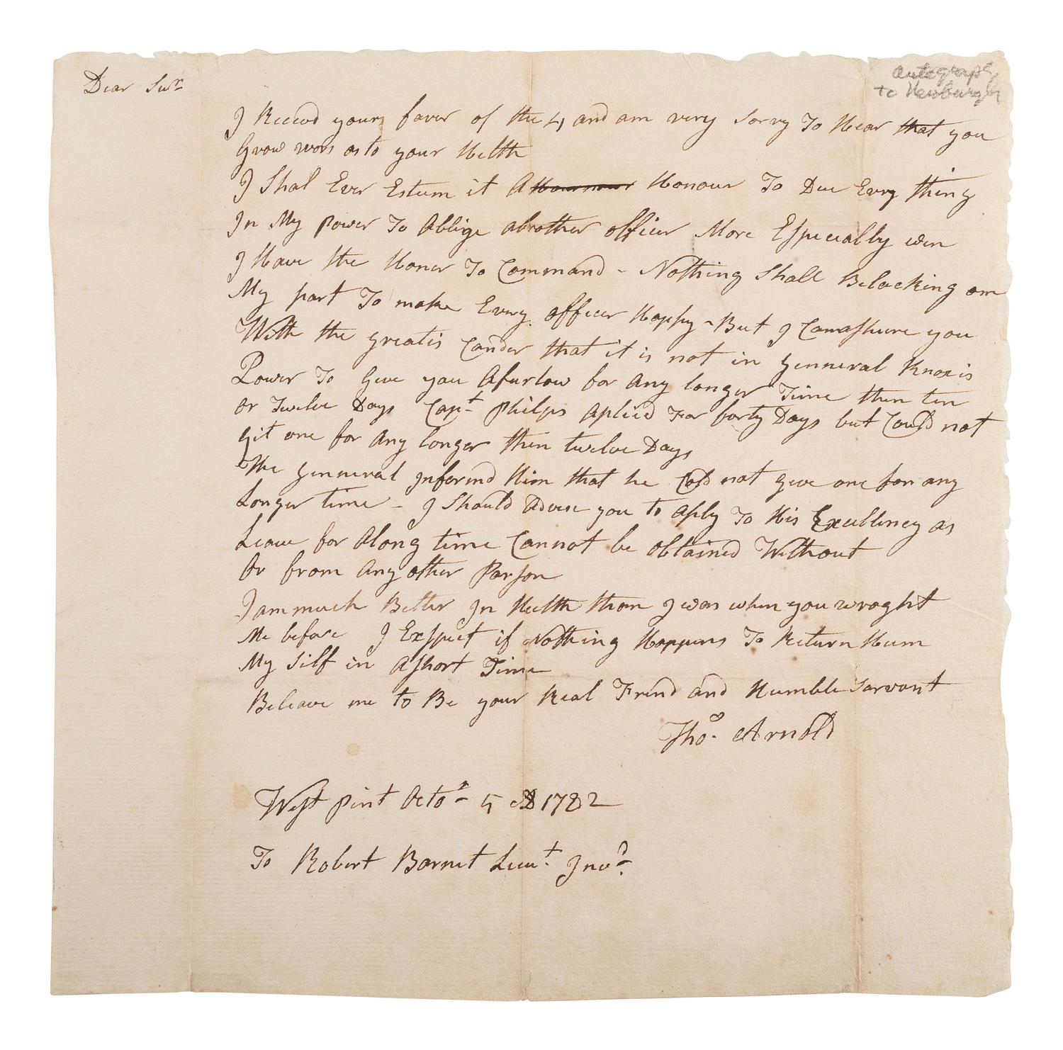 [REVOLUTIONARY WAR]. ARNOLD, Thomas (1740-1821). ALS. 5 October 1782. Addressed to Robert Barnett.