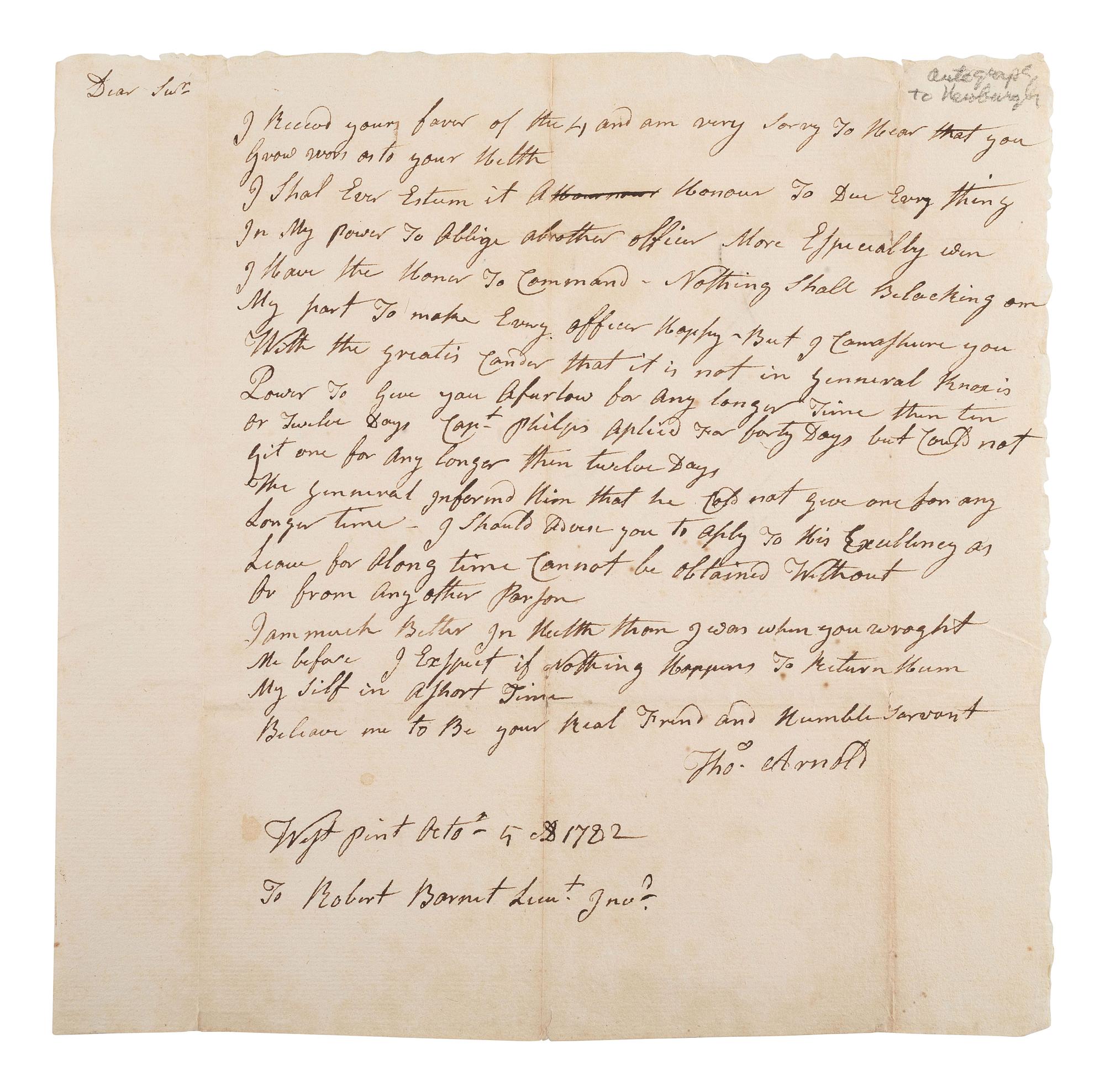 [REVOLUTIONARY WAR]. ARNOLD, Thomas (1740-1821). ALS. 5 October 1782. Addressed to Robert Barnett.