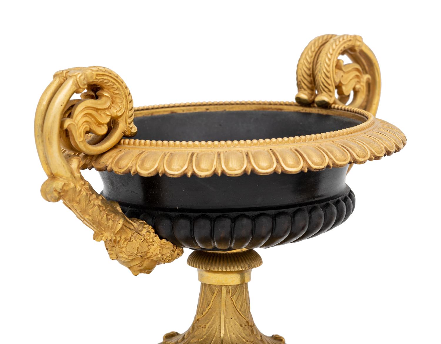 A Pair of Restauration Gilt and Patinated Bronze and Granite Urns