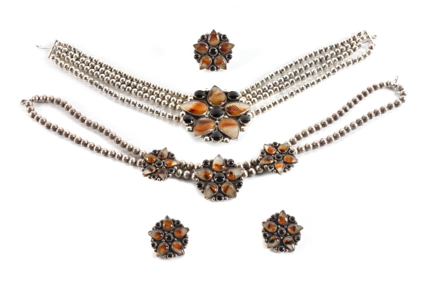 Group of Southwest Style Silver, Agate and Onyx Jewelry Length of one necklace 13 1/2 inches