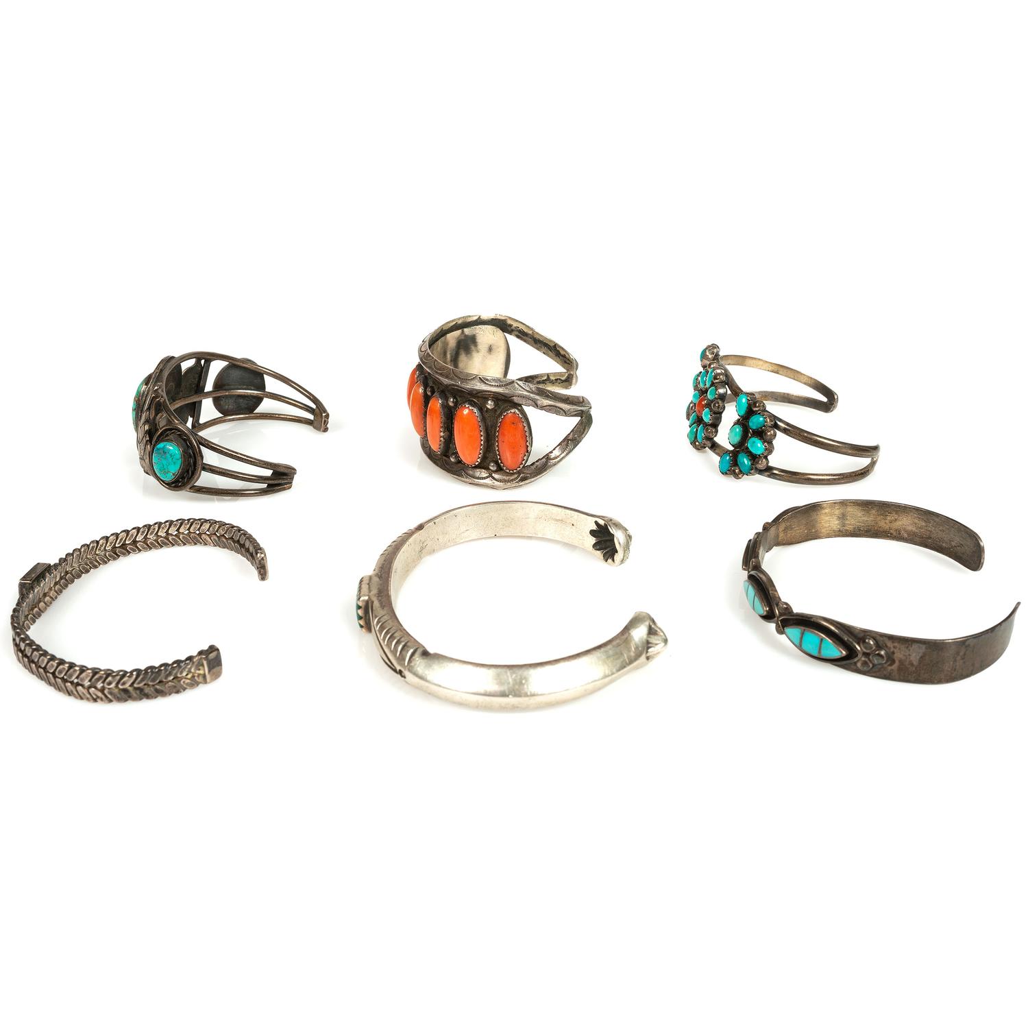 Navajo and Zuni Silver Cuff Bracelets, with Inlay