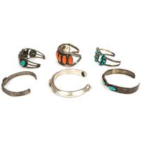 Navajo and Zuni Silver Cuff Bracelets, with Inlay