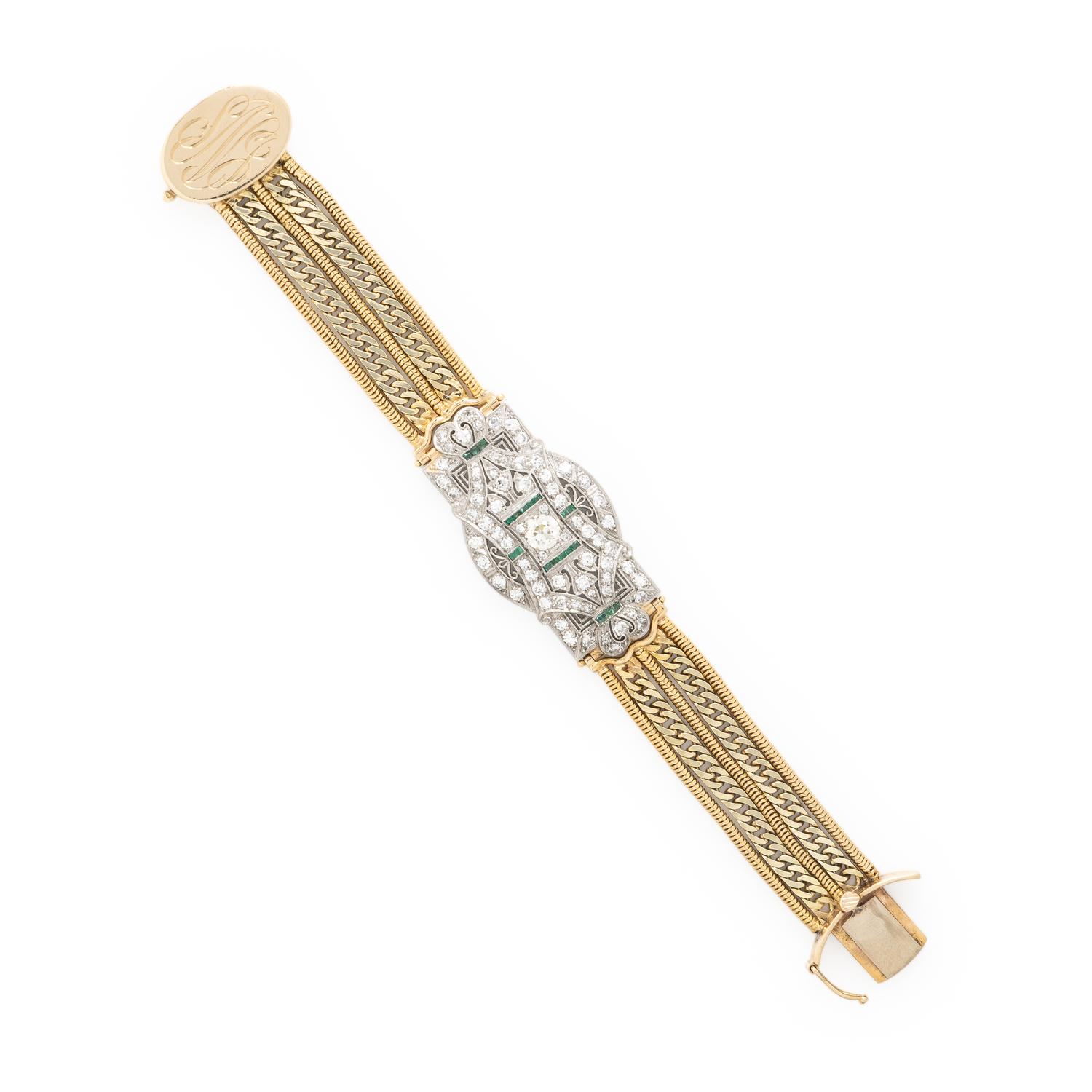 Diamond, Emerald, Platinum, and Yellow Gold Bracelet