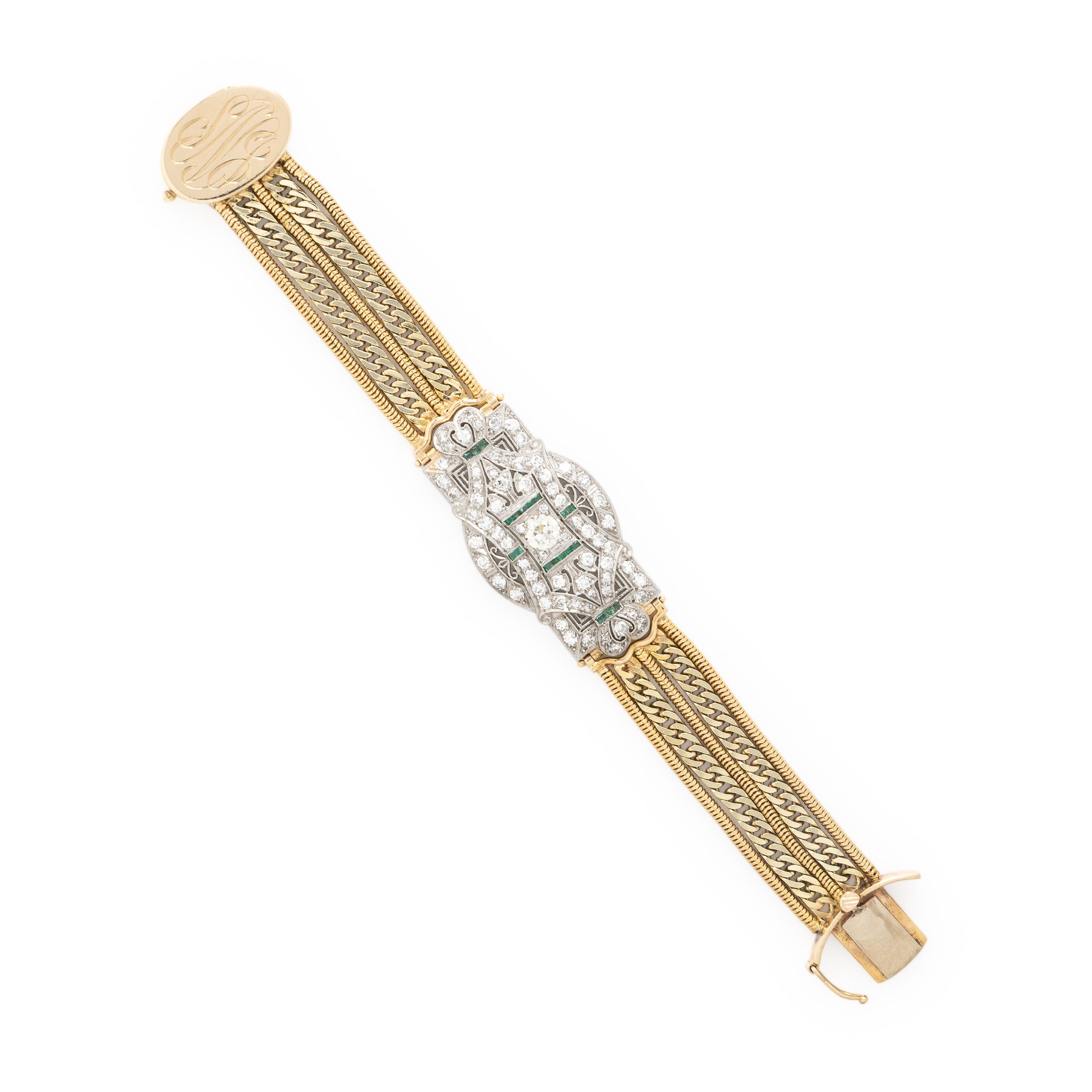 Diamond, Emerald, Platinum, and Yellow Gold Bracelet