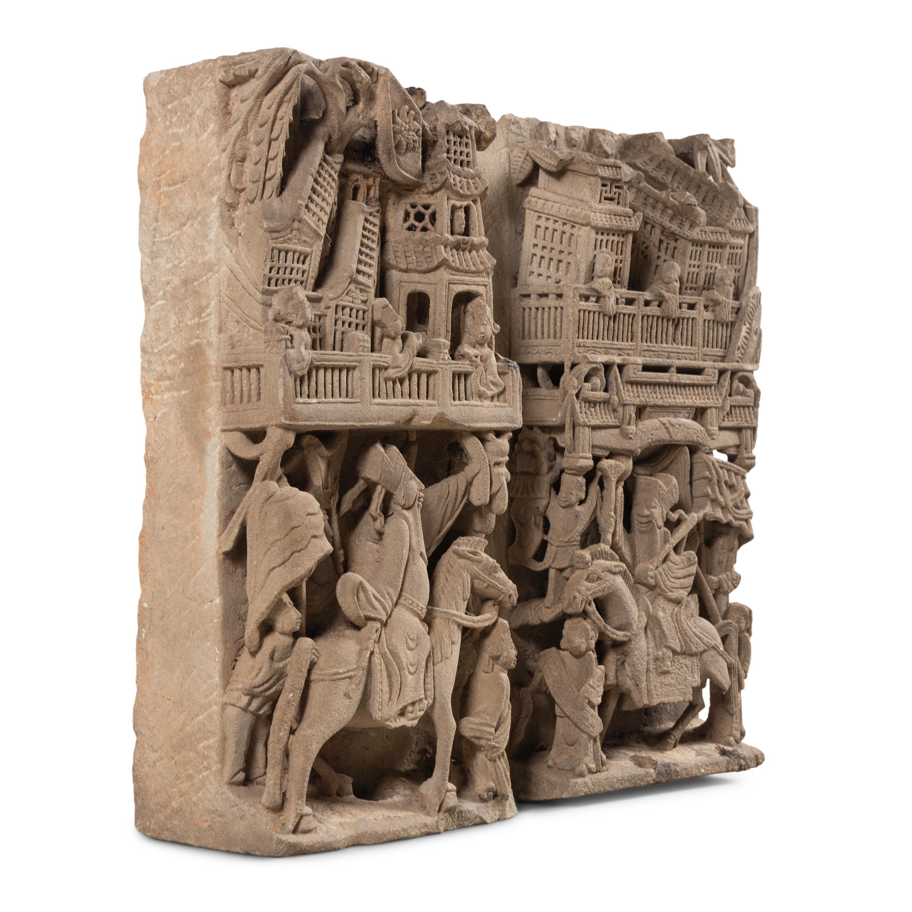 A Pair of Chinese Carved Stone Panels, 18th-19th Century — 清中期 亭台人物圖石雕一對