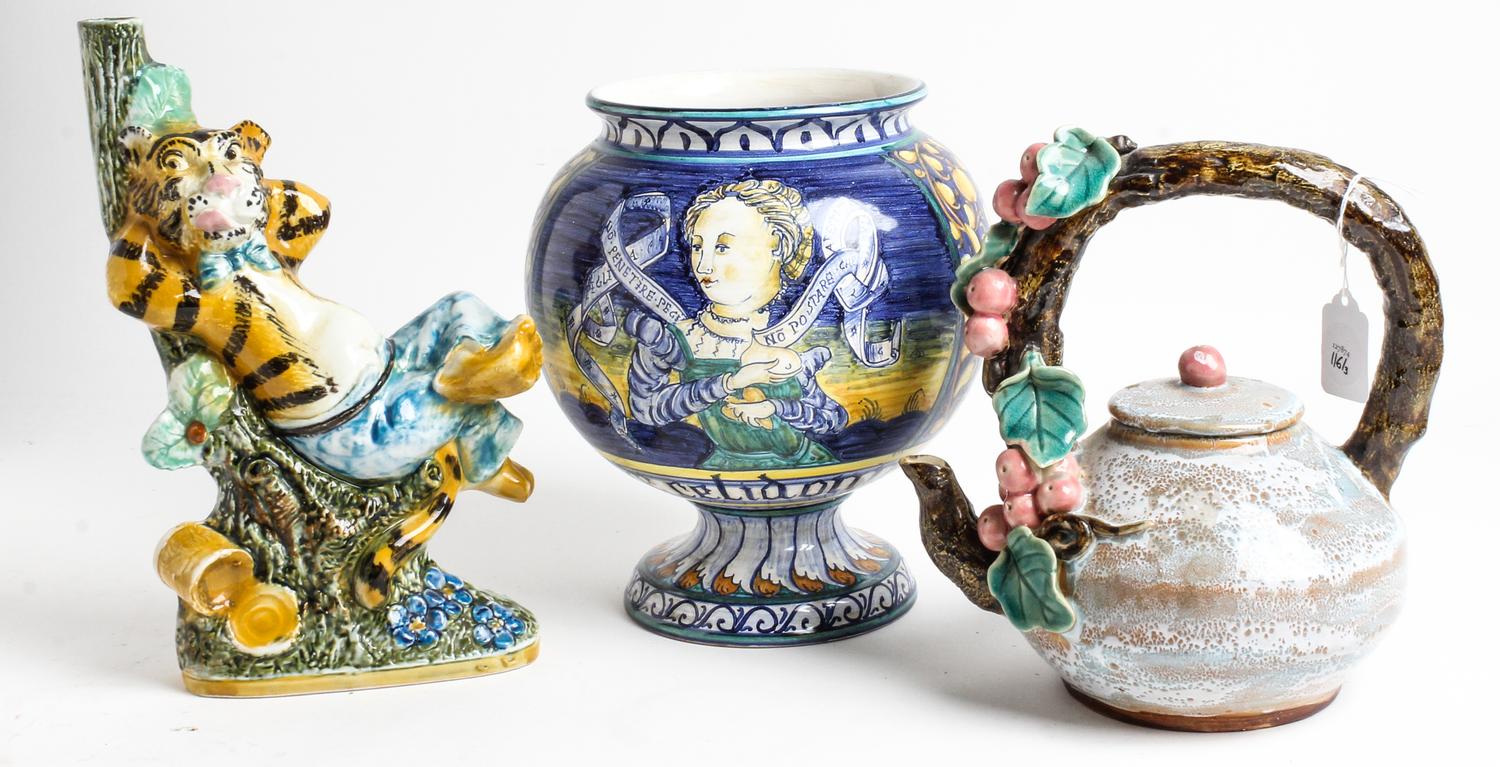 A Group of Polychrome Ceramic Articles Height of tallest 11 3/4 inches.