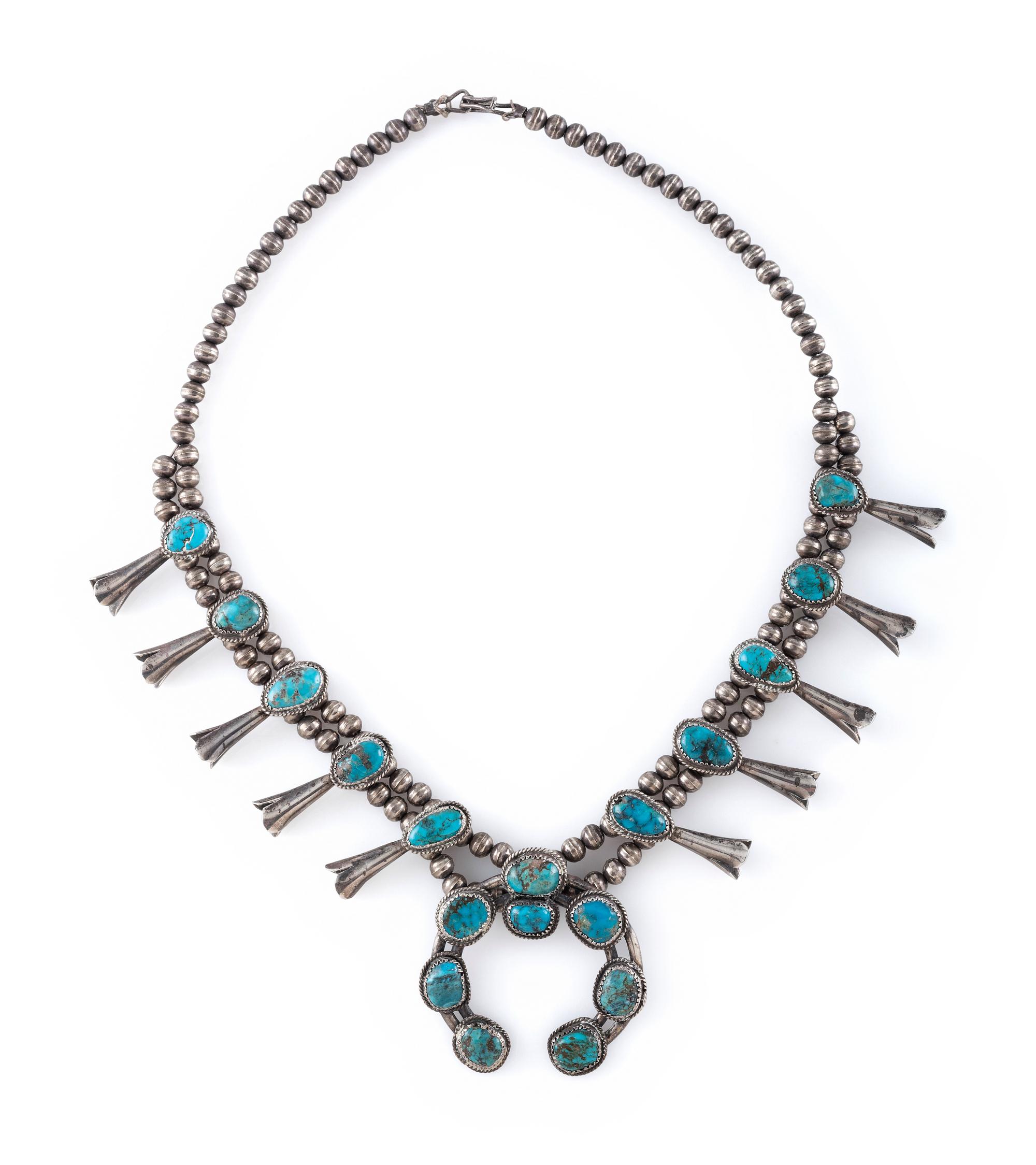 Petit Navajo Silver and Turquoise Squash Blossom Necklace