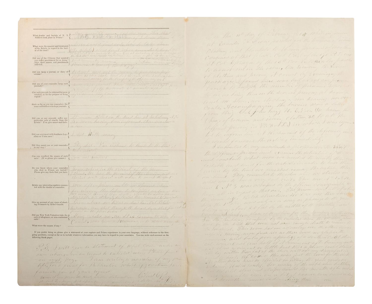 [CIVIL WAR]. Prisoner of war questionnaire from the Bureau of Military Record, State of New York, completed by Col. Gilbert G. Prey, 104th New York Volunteers, commanding officer at Gettysburg and POW at Weldon Railroad, ca 1865.