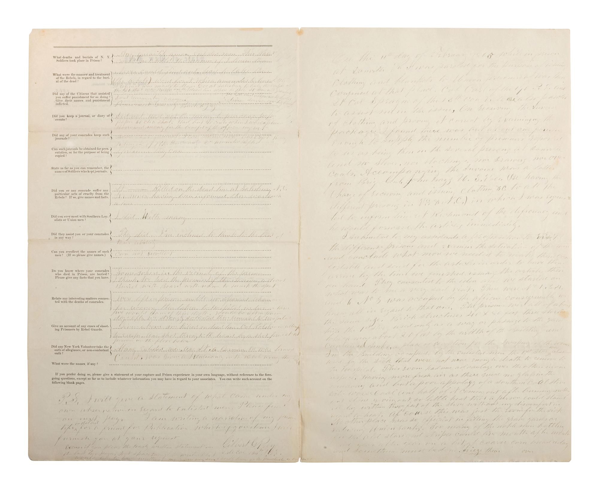 [CIVIL WAR]. Prisoner of war questionnaire from the Bureau of Military Record, State of New York, completed by Col. Gilbert G. Prey, 104th New York Volunteers, commanding officer at Gettysburg and POW at Weldon Railroad, ca 1865.