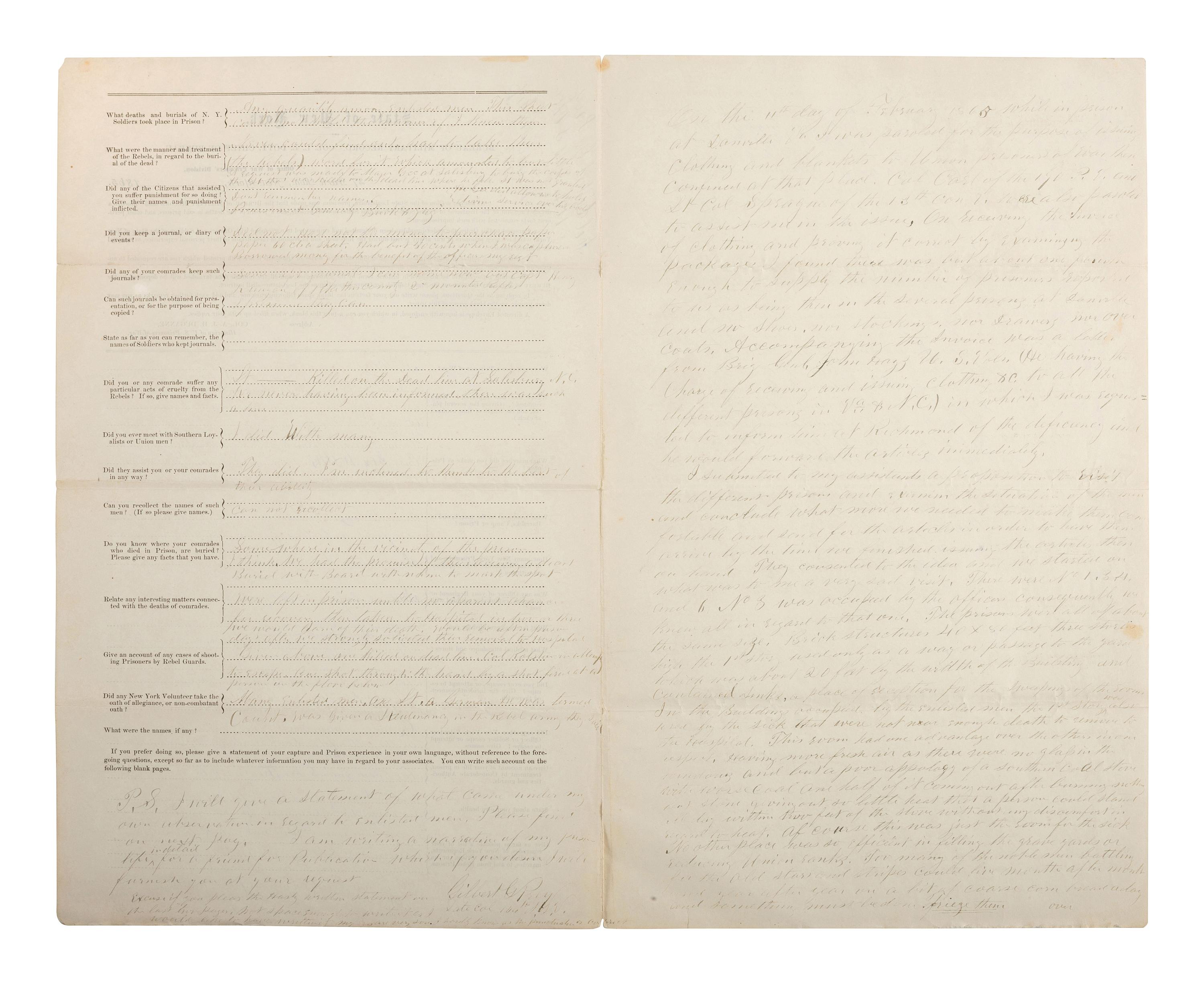 [CIVIL WAR]. Prisoner of war questionnaire from the Bureau of Military Record, State of New York, completed by Col. Gilbert G. Prey, 104th New York Volunteers, commanding officer at Gettysburg and POW at Weldon Railroad, ca 1865.