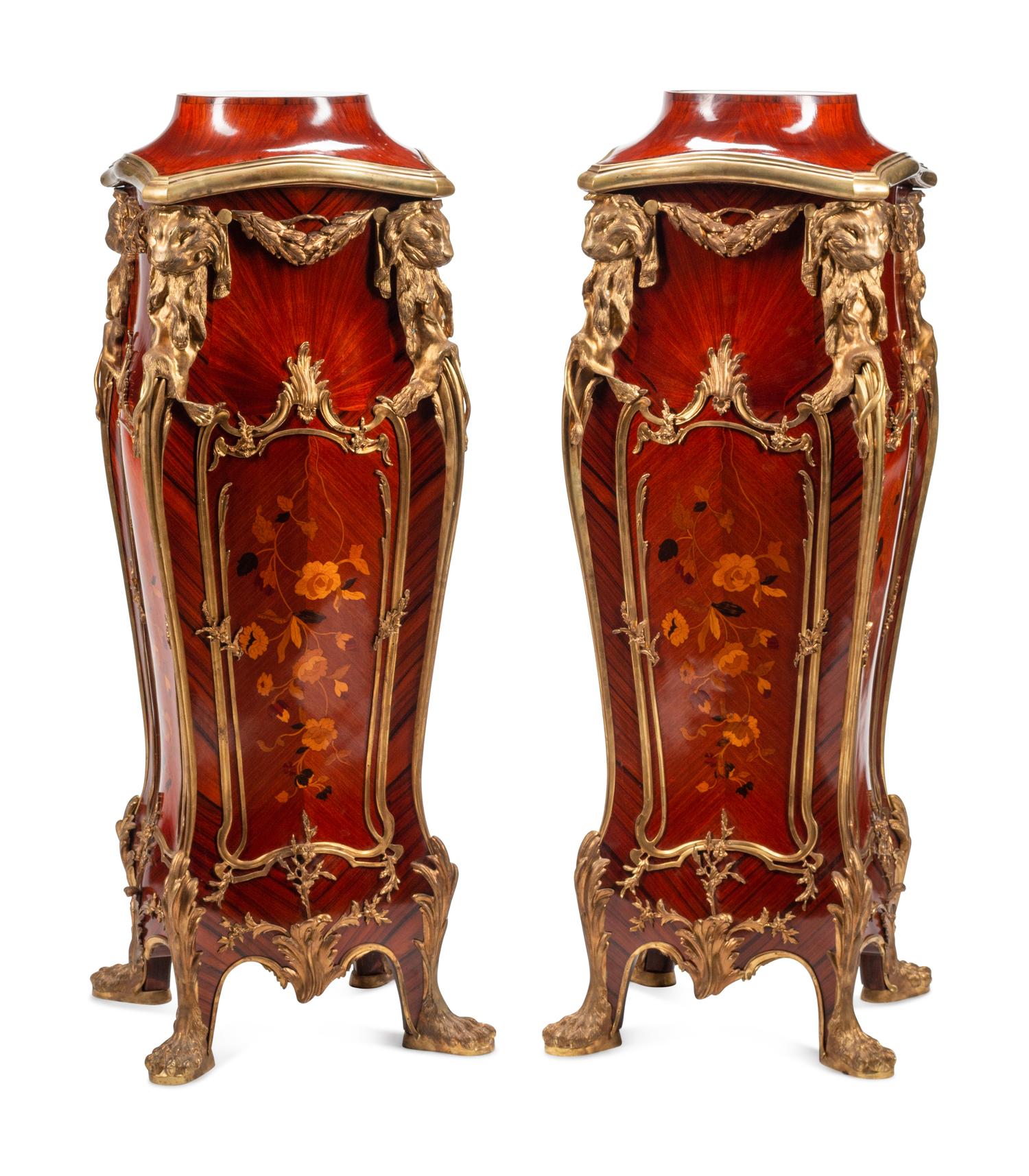A Pair of Louis XV Style Gilt Bronze Mounted Marquetry Pedestals