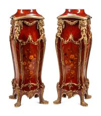 A Pair of Louis XV Style Gilt Bronze Mounted Marquetry Pedestals
