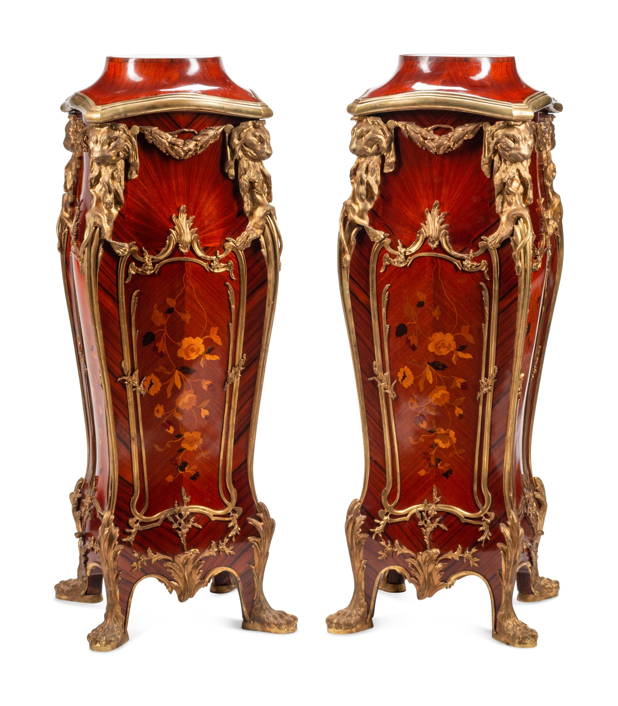 A Pair of Louis XV Style Gilt Bronze Mounted Marquetry Pedestals