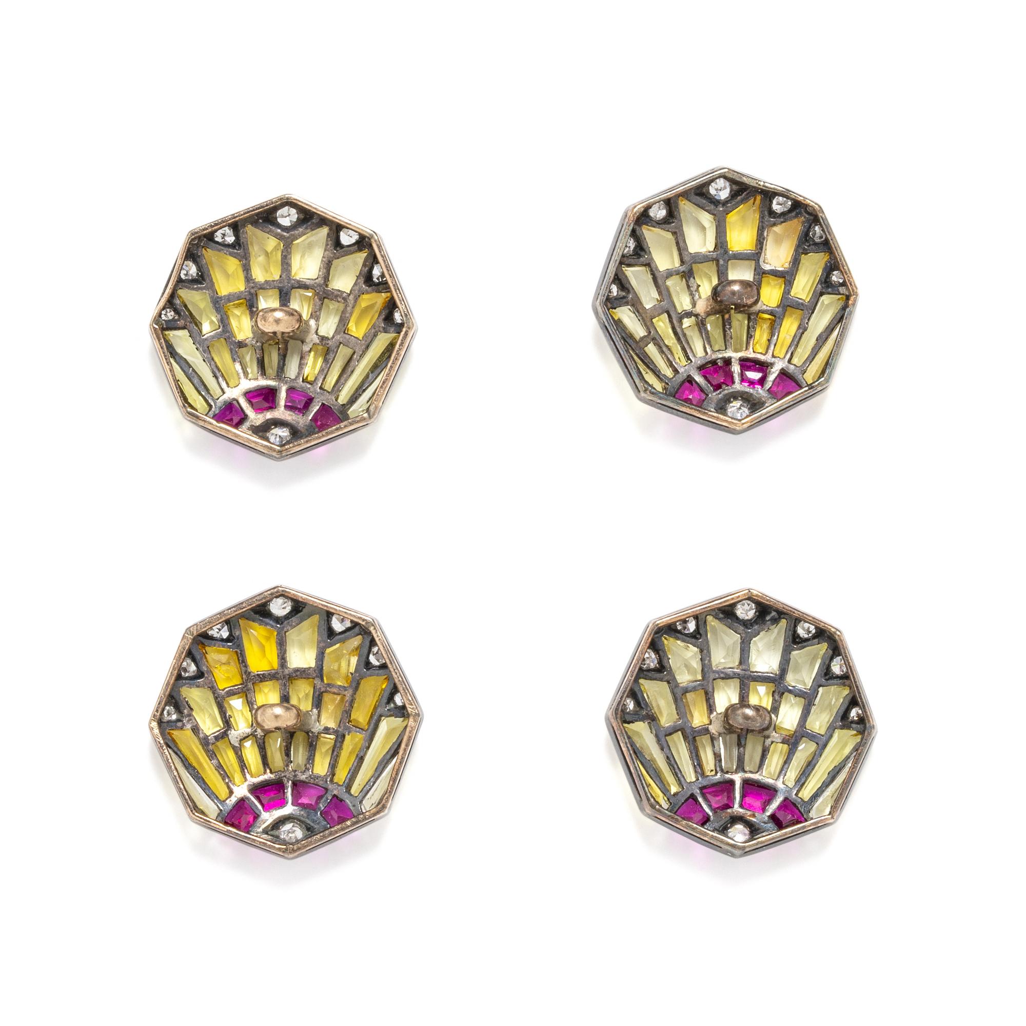 ANTIQUE, DIAMOND, SYNTHETIC YELLOW SAPPHIRE AND RUBY BUTTONS