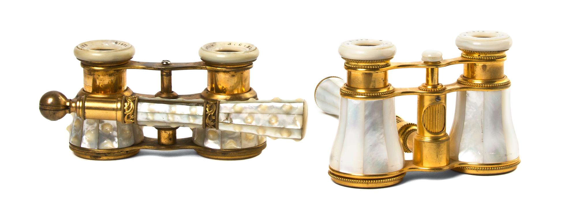 Two Pairs of French Mother-of-Pearl Veneered Opera Glasses, Width 3 7/8 inches.