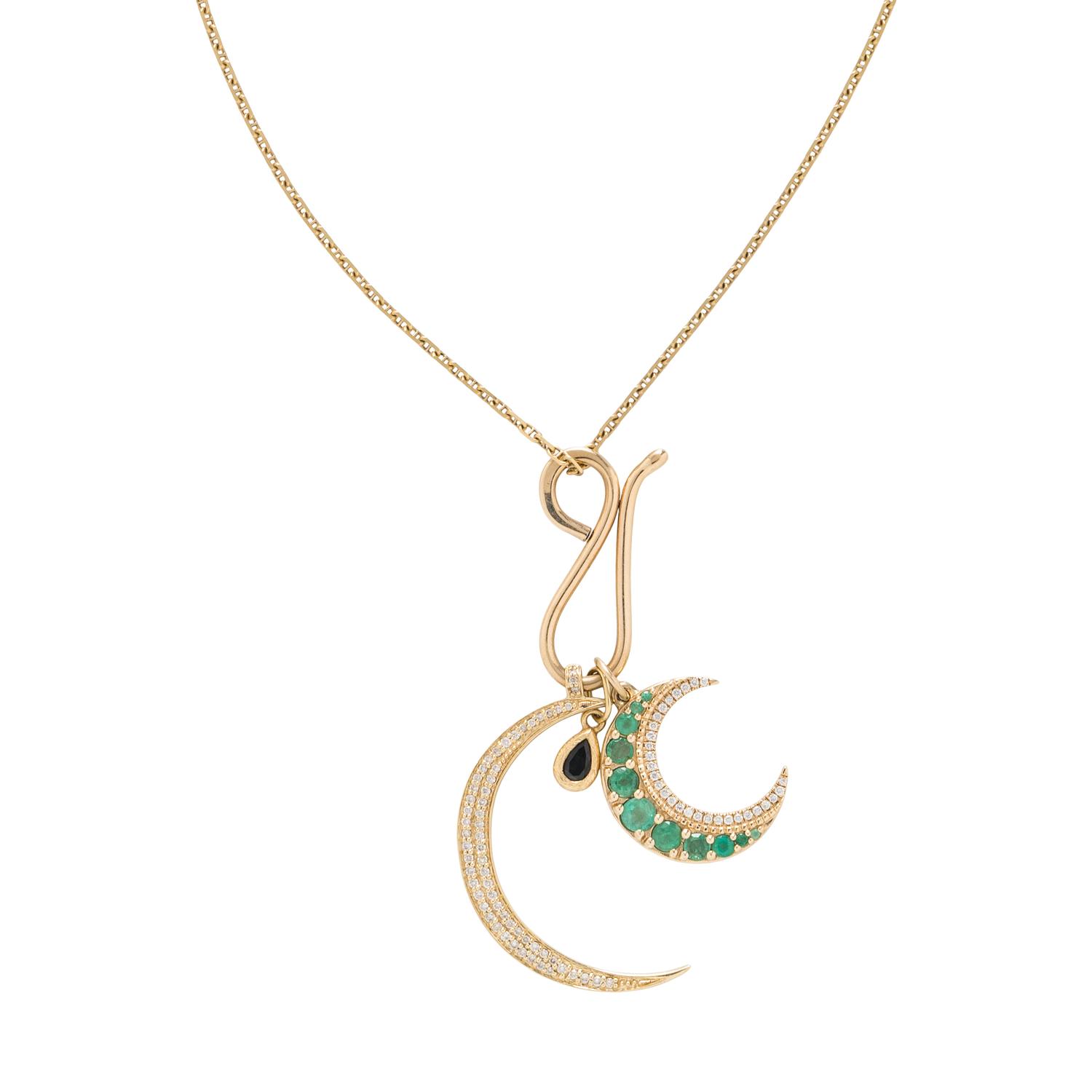 YELLOW GOLD, DIAMOND, AND MULTIGEM CRESCENT MOON PENDANT NECKLACE