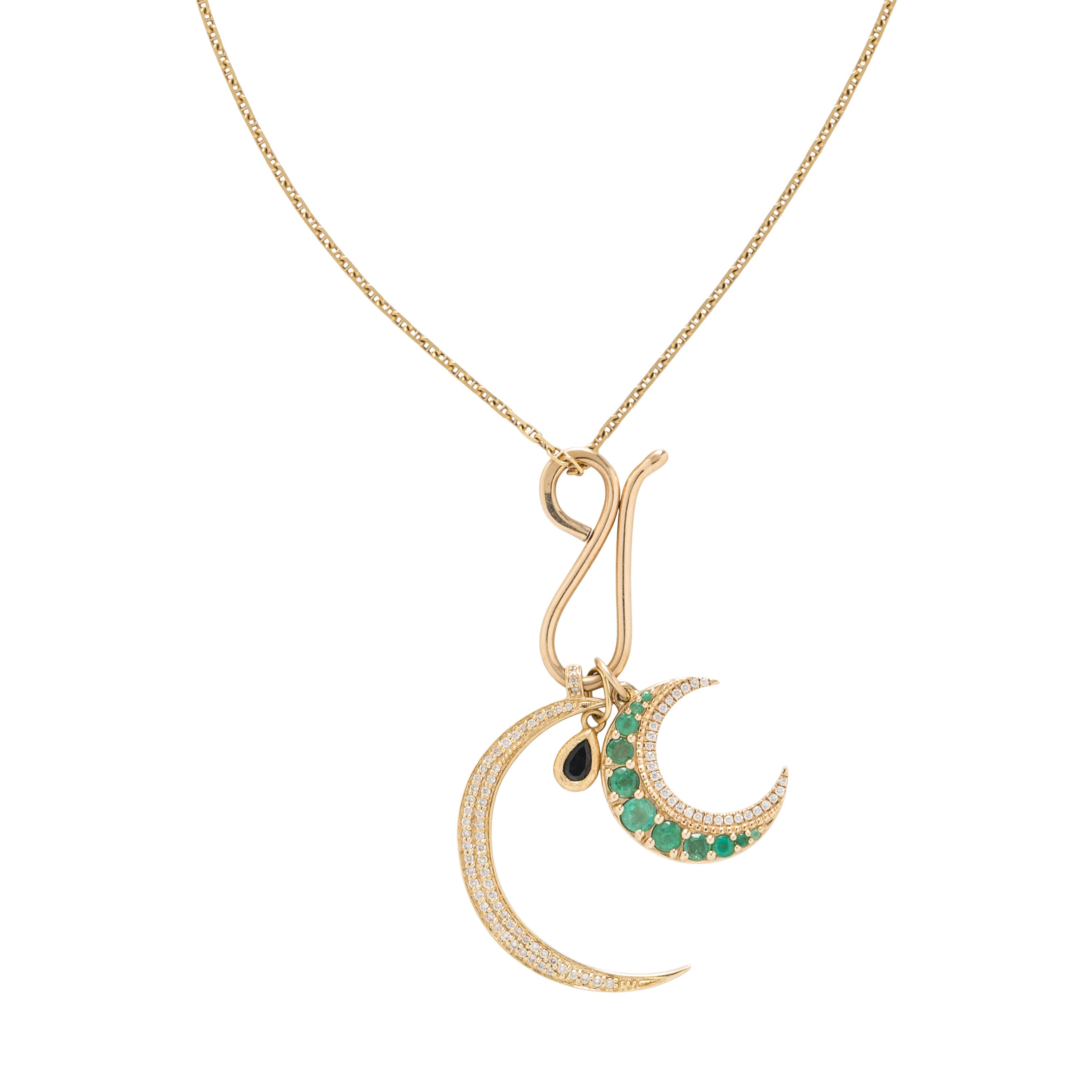 YELLOW GOLD, DIAMOND, AND MULTIGEM CRESCENT MOON PENDANT NECKLACE