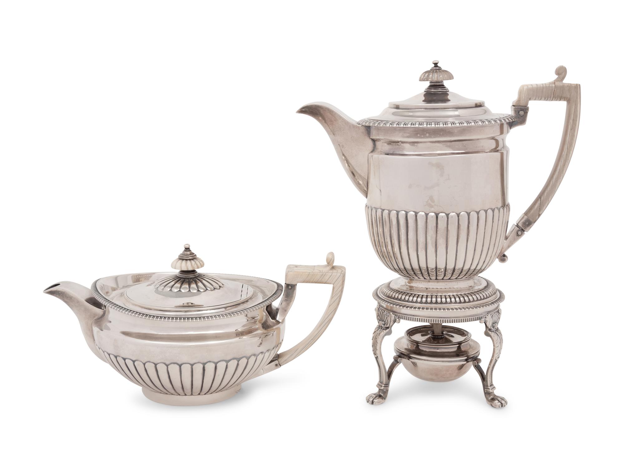 A George III Silver Teapot and Kettle on Lamp Stand
