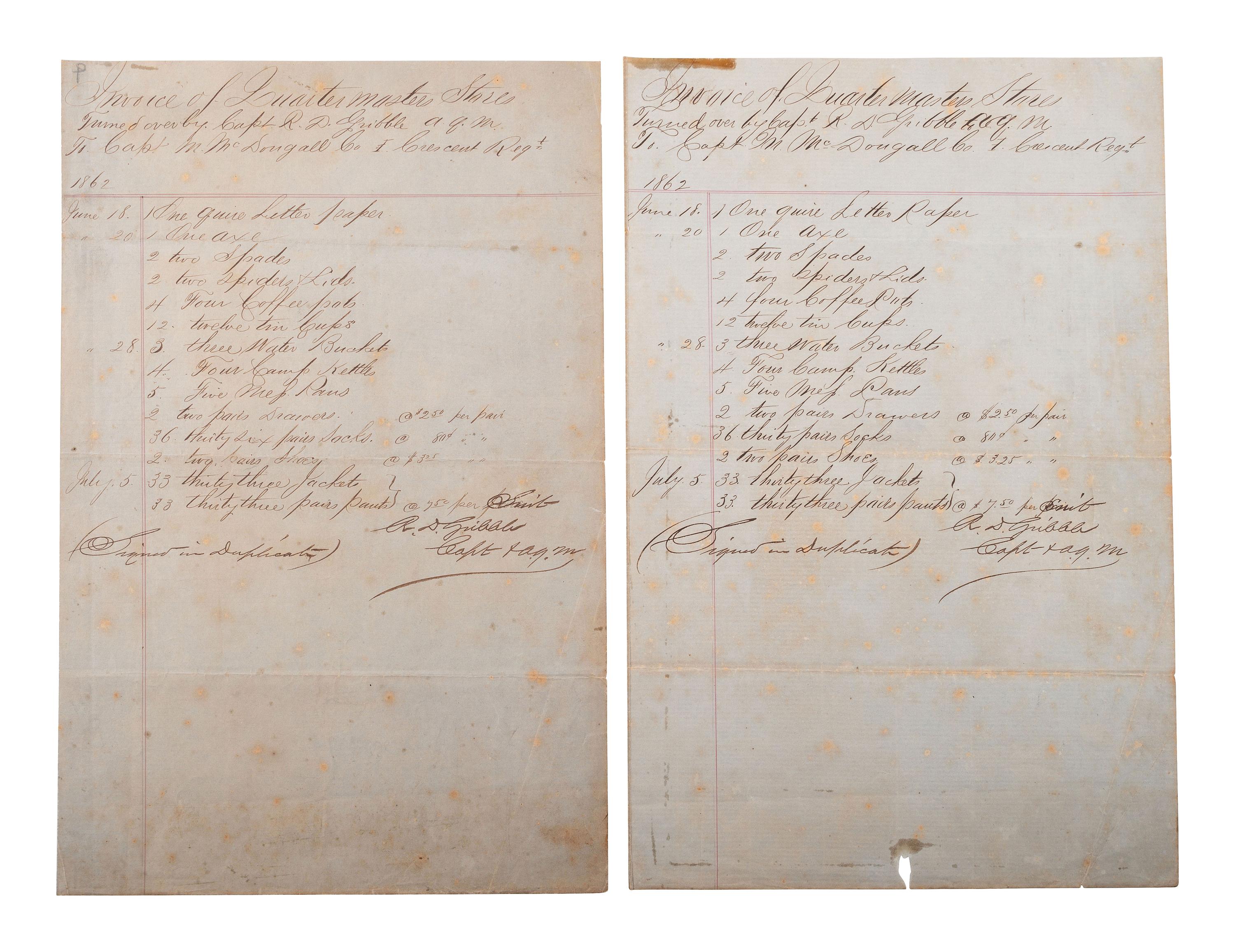 [CIVIL WAR]. Documents associated with Louisiana militia and Confederate Crescent regiments, plus.