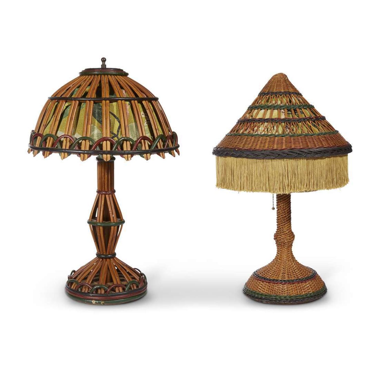 Two polychrome painted wicker and rattan fabric-lined table lamps american, circa 1900