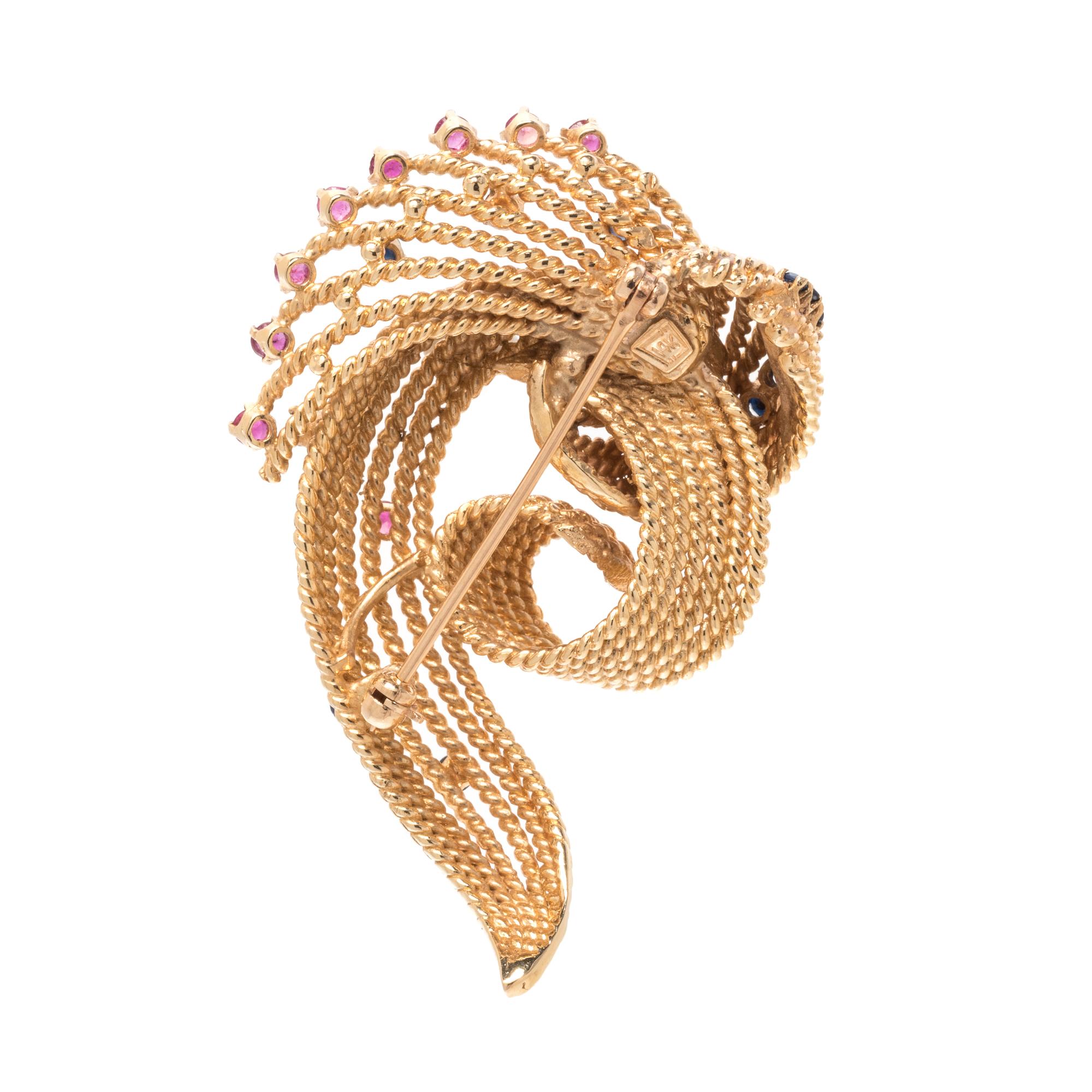 YELLOW GOLD, SAPPHIRE AND RUBY BROOCH