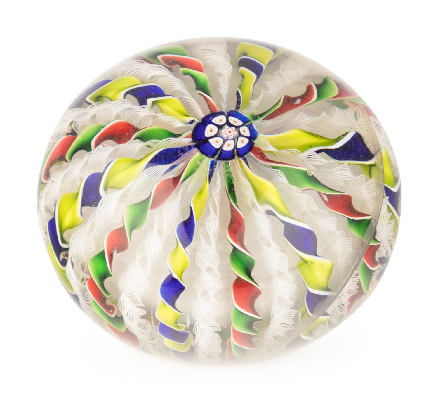 A Four-Color Ribbon and Latticino Twist Crown Glass Paperweight