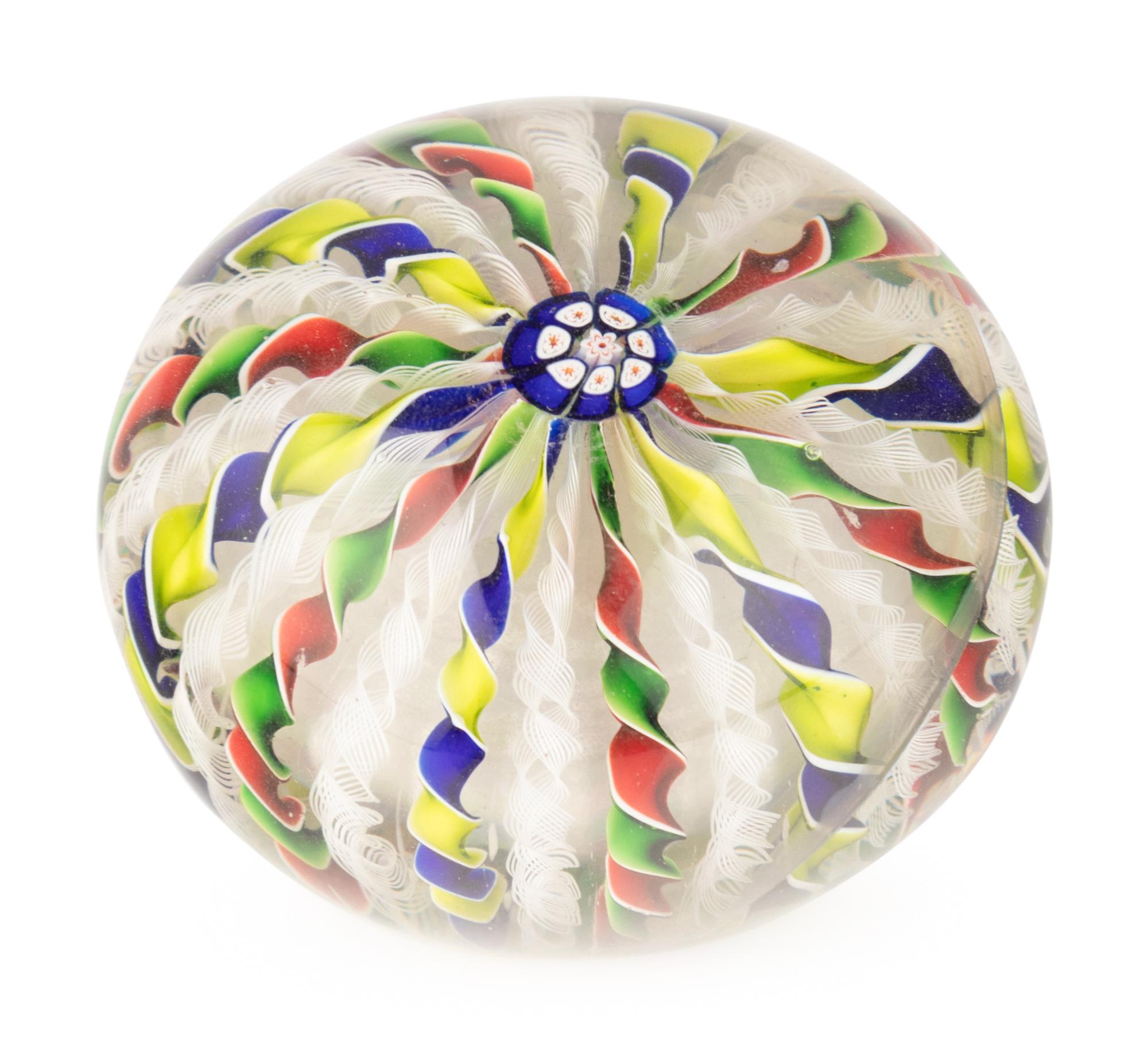 A Four-Color Ribbon and Latticino Twist Crown Glass Paperweight