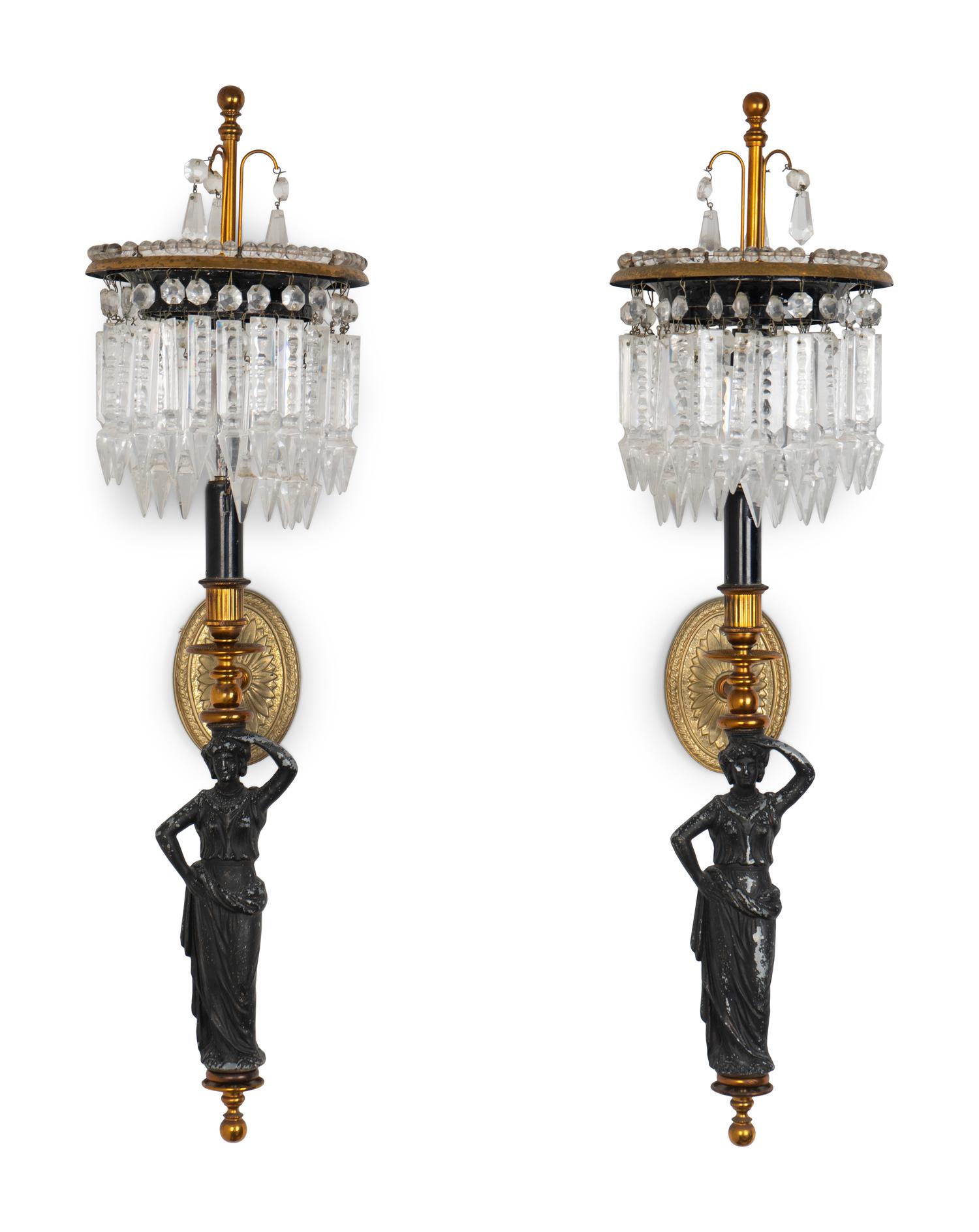 A Pair of Neoclassical Style Gilt Metal, Ebonized and Cut Crystal Wall Sconces — 20TH CENTURY