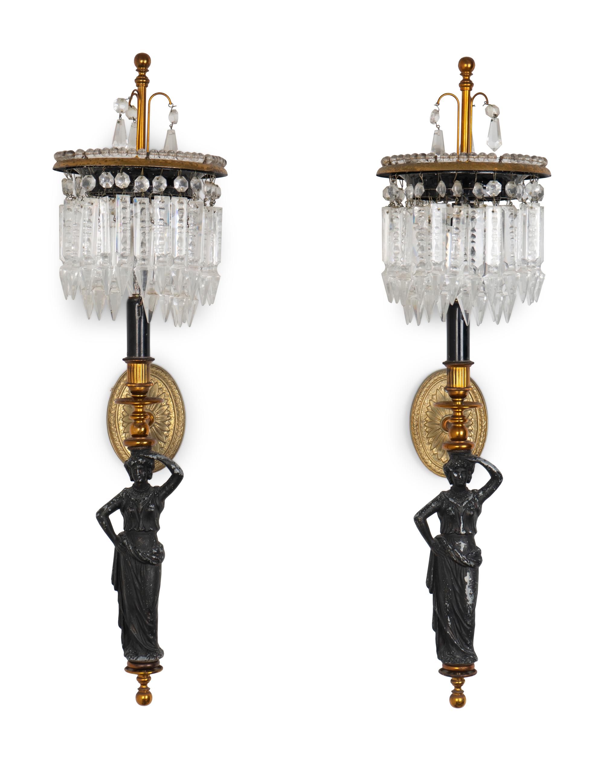 A Pair of Neoclassical Style Gilt Metal, Ebonized and Cut Crystal Wall Sconces — 20TH CENTURY