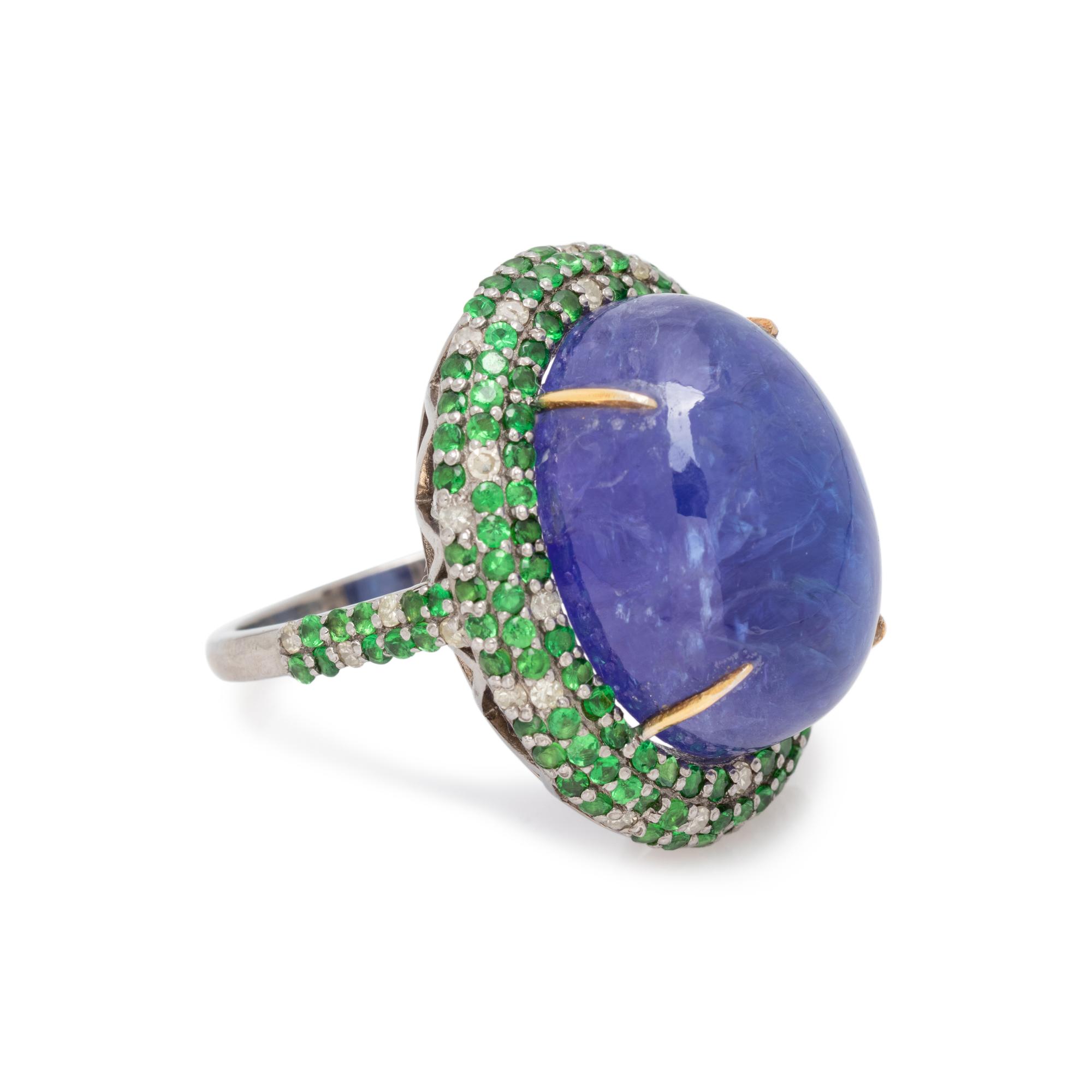 TANZANITE, TSAVORITE GARNET AND DIAMOND RING