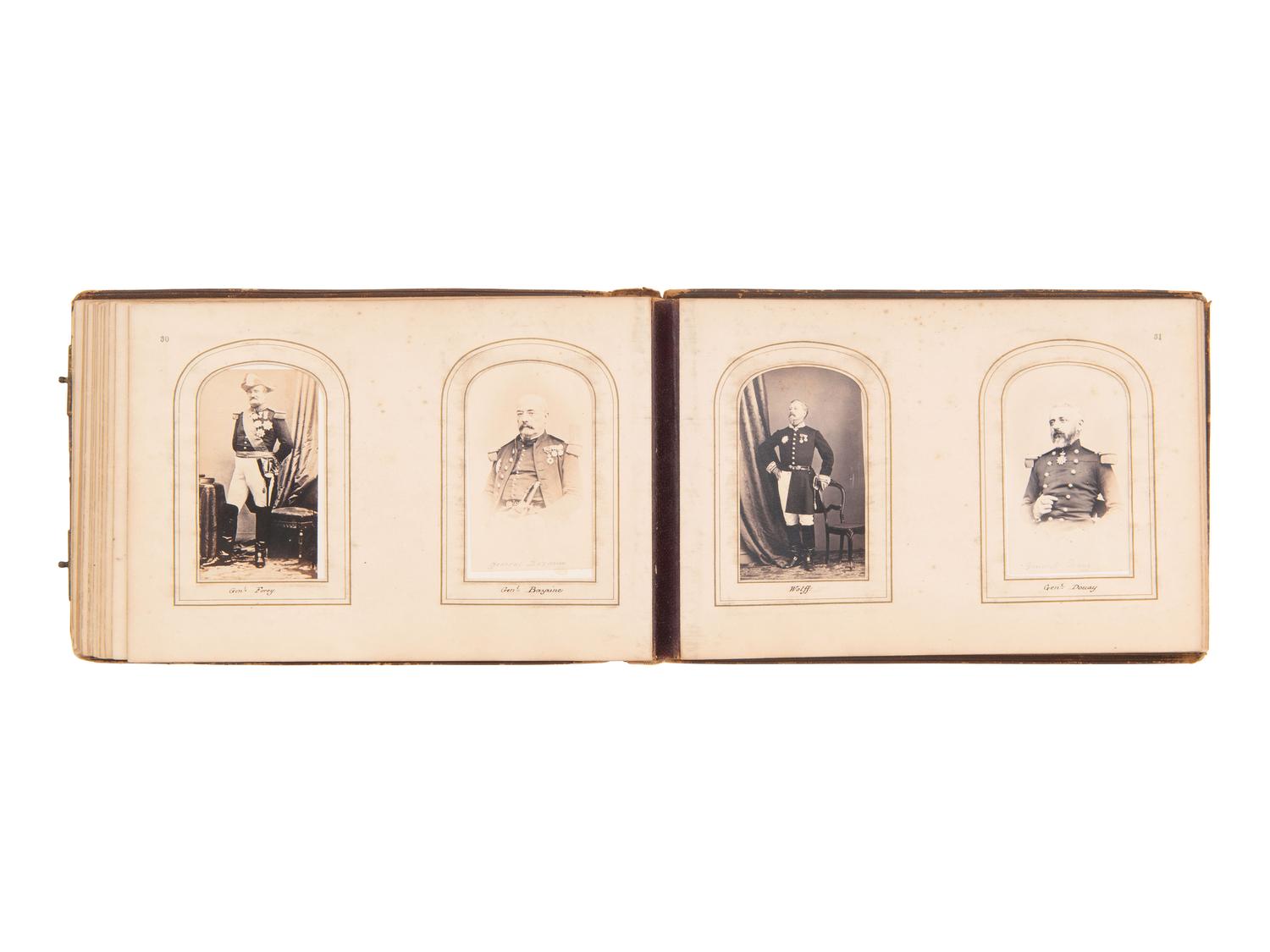 [EARLY PHOTOGRAPHY]. CDV album containing photographs of Mexican and European royalty, generals, and government officials, incl. Benito Juárez and his family.