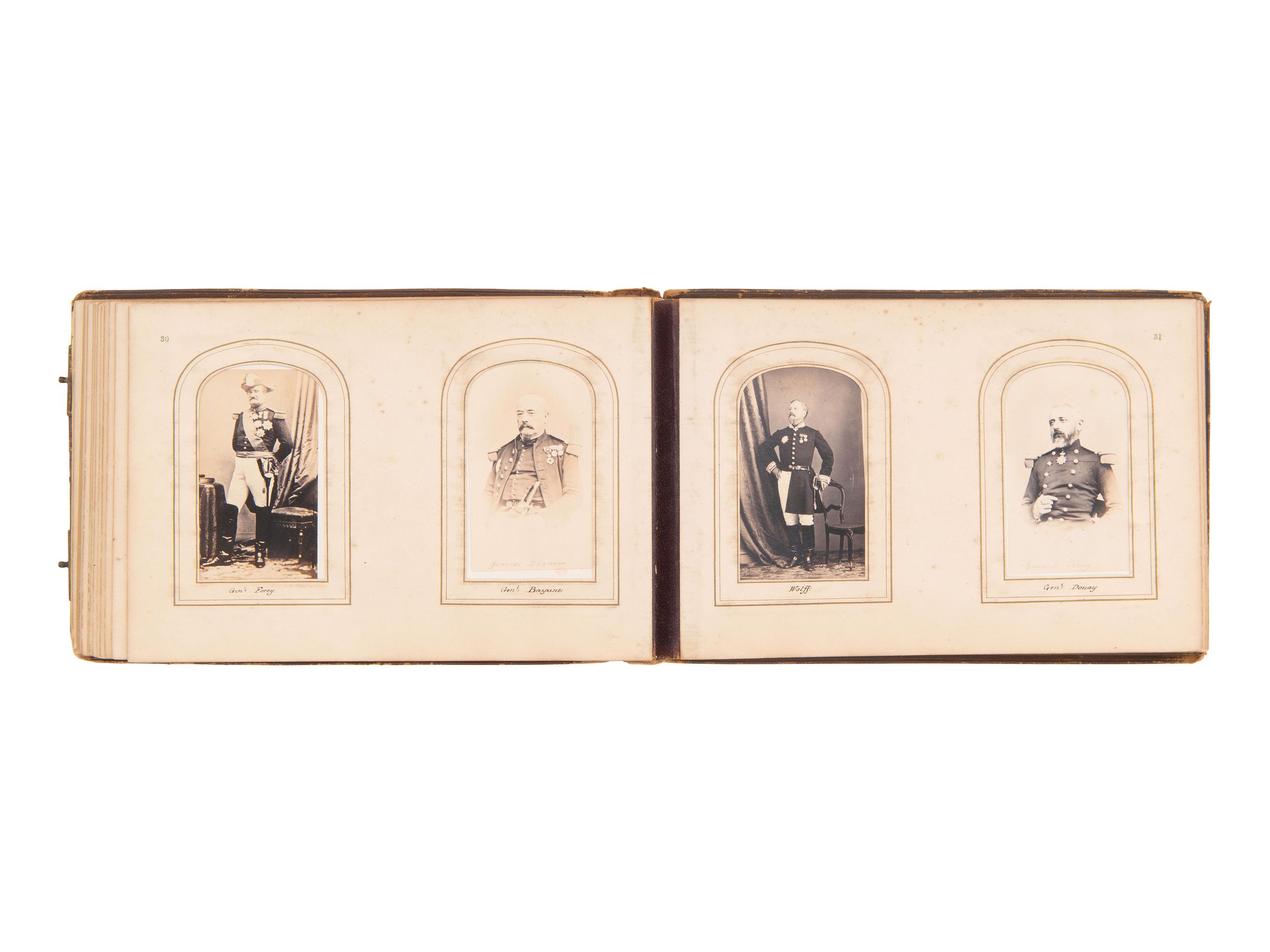 [EARLY PHOTOGRAPHY]. CDV album containing photographs of Mexican and European royalty, generals, and government officials, incl. Benito Juárez and his family.