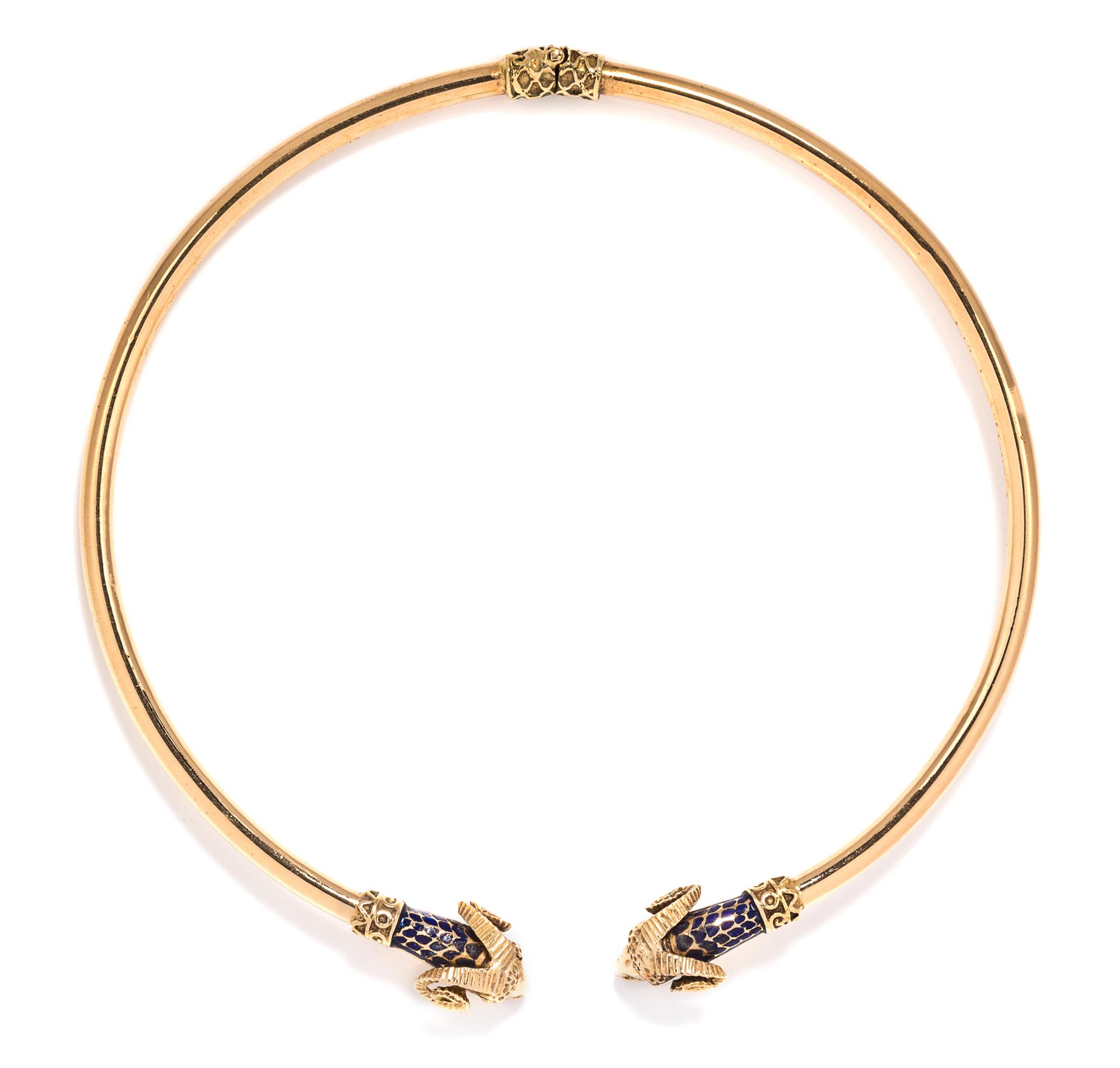 A 14 Karat Yellow Gold and Enamel Ram's Head Torque Collar Necklace, 21.50 dwts.