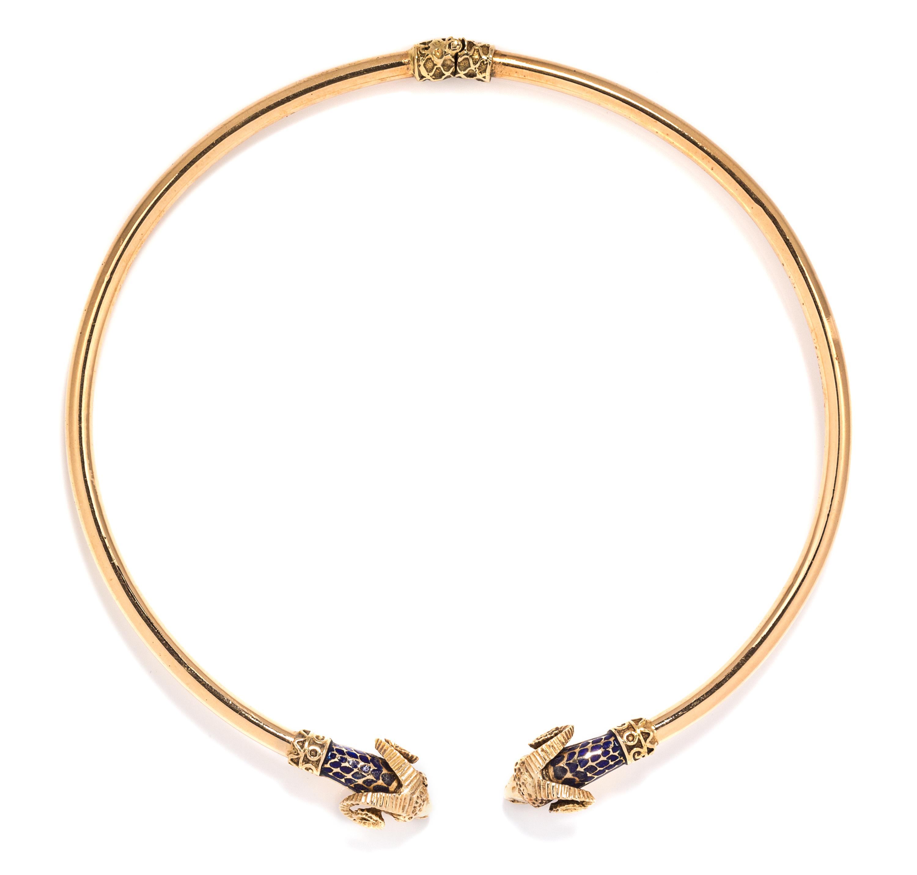 A 14 Karat Yellow Gold and Enamel Ram's Head Torque Collar Necklace, 21.50 dwts.
