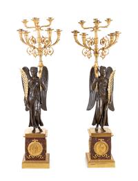 A Pair of Large Empire Style Gilt and Patinated Bronze Figural Eight-Light Candelabra, 19th Century