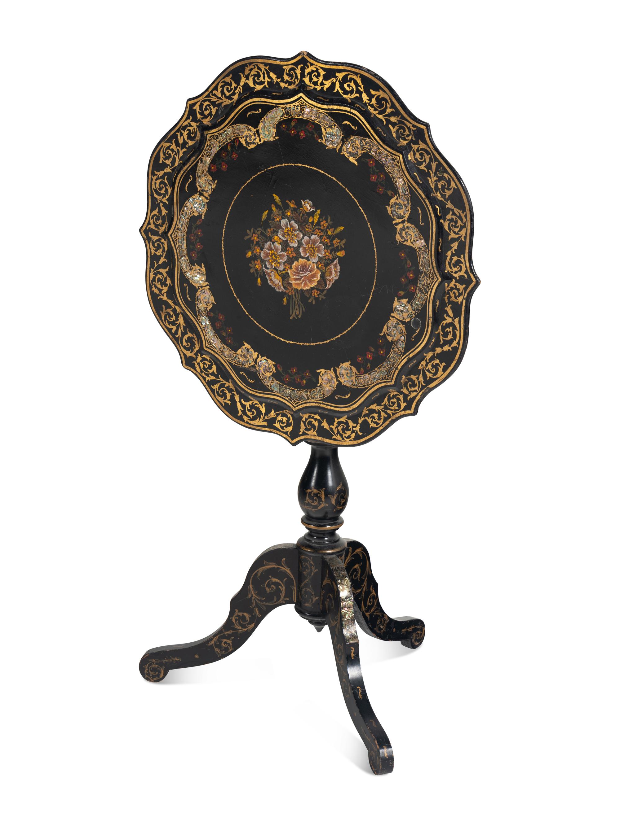 Three Victorian Mother of Pearl Papier-Mâché Tilt Top Tables