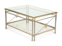 A Neoclassical Style Brass and Chromed Steel Glass-Top Coffee Table