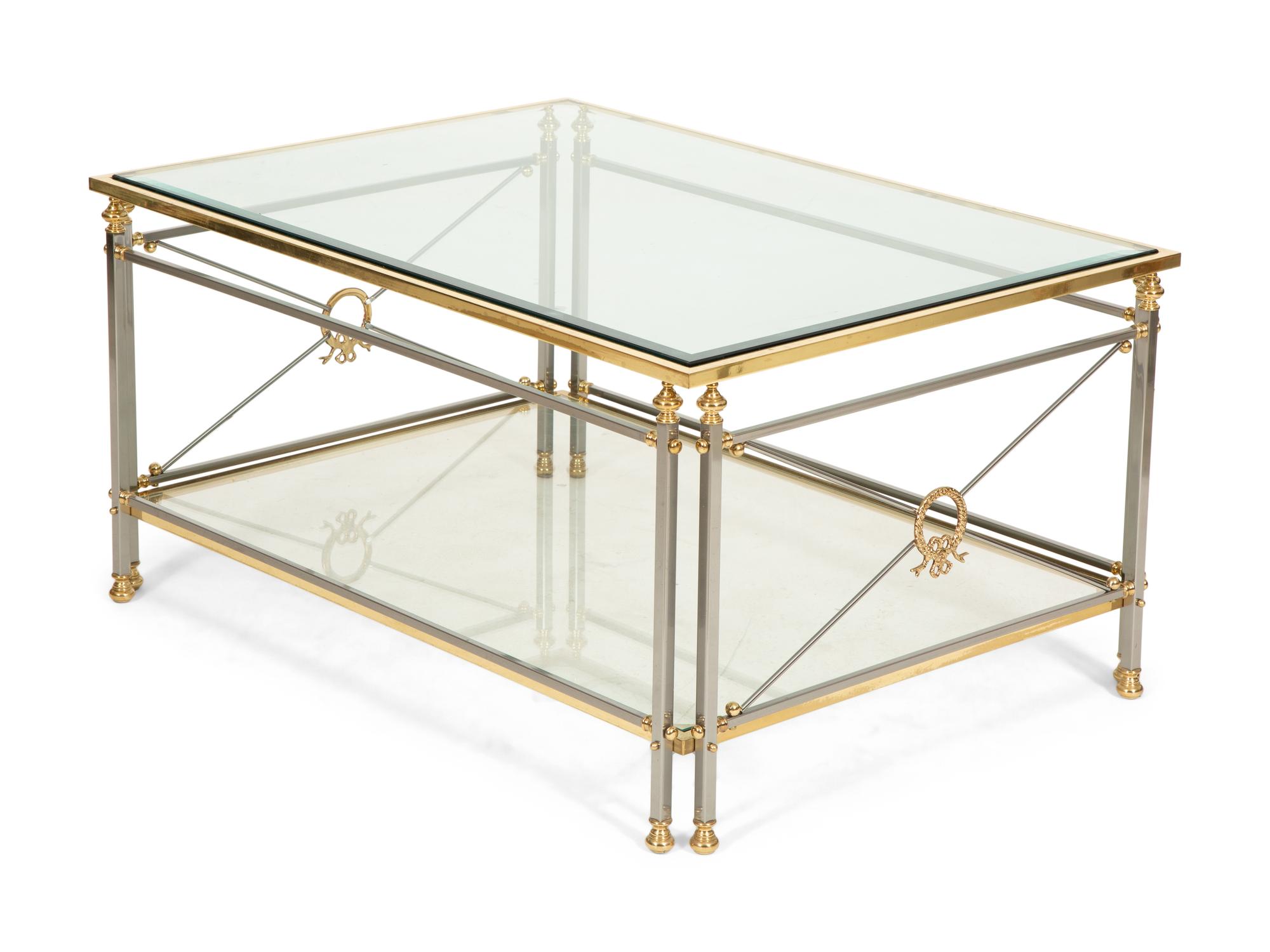 A Neoclassical Style Brass and Chromed Steel Glass-Top Coffee Table