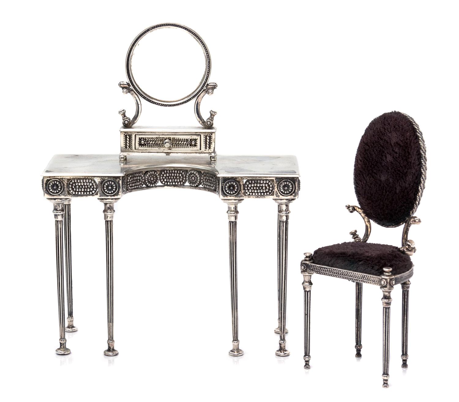 A Silvered Metal Dressing Suite Dressing table height 2 5/8 x width 3 5/8 x depth 1 5/8 inches. — Vladimir Matusvsky, 1999