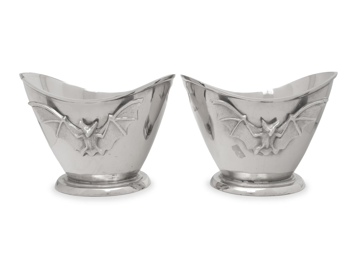 A Pair of Silvered Metal Wine Coolers with Bat Motif
