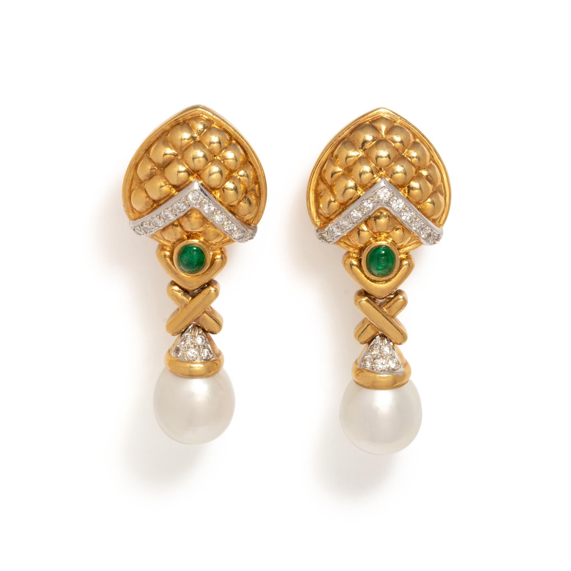 YELLOW GOLD, CULTURED PEARL, EMERALD AND DIAMOND EARCLIPS