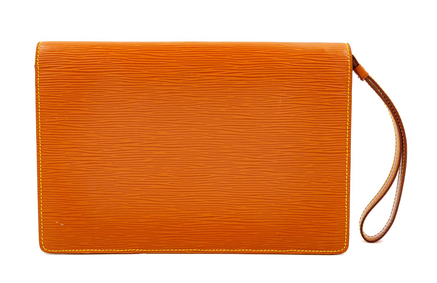 A Louis Vuitton Tan Epi Leather Sellier Dragonne Clutch, 6" H x 10.25" W x 1" D; Wristlet: 6" L.